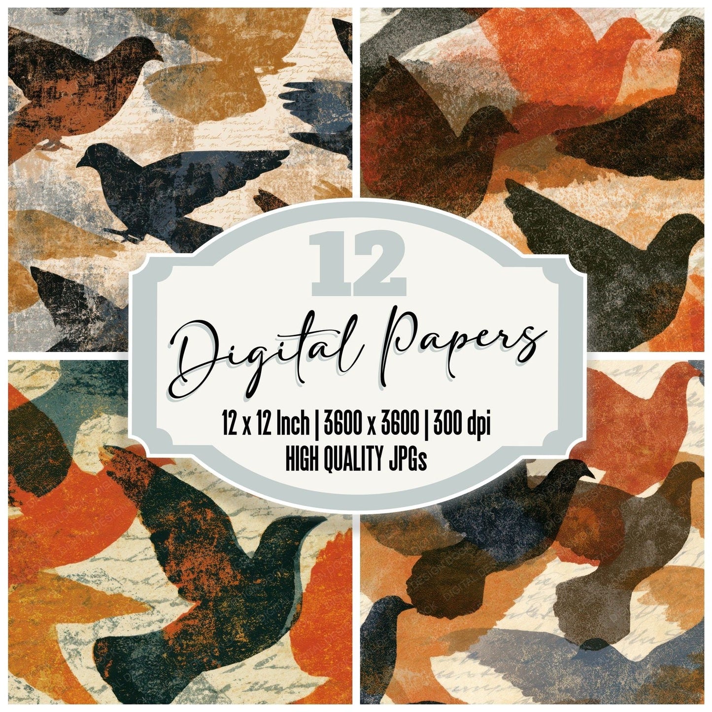 Woodblock Pigeon Copper Bone Digital Paper Pack (DDD012983)