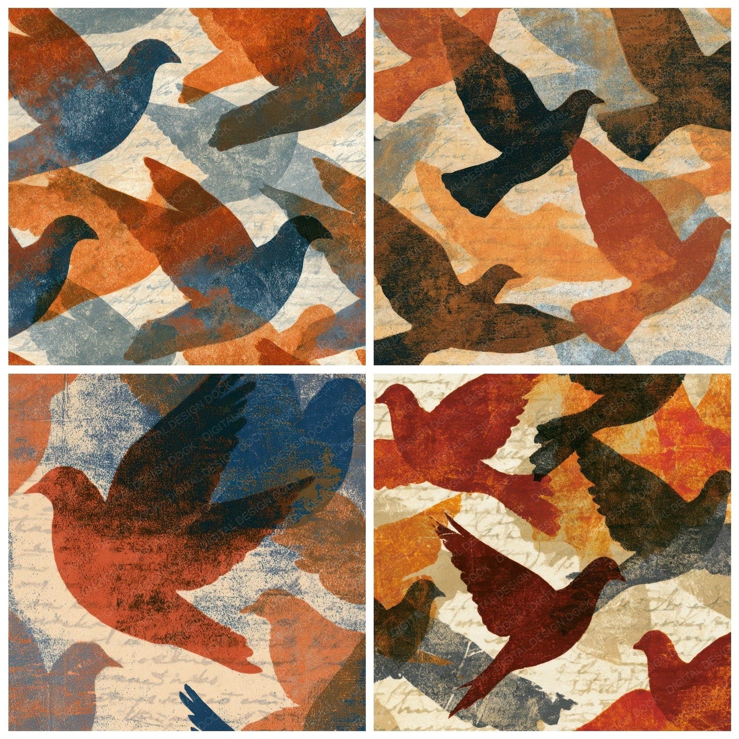Woodblock Pigeon Copper Bone Digital Paper Pack (DDD012983)