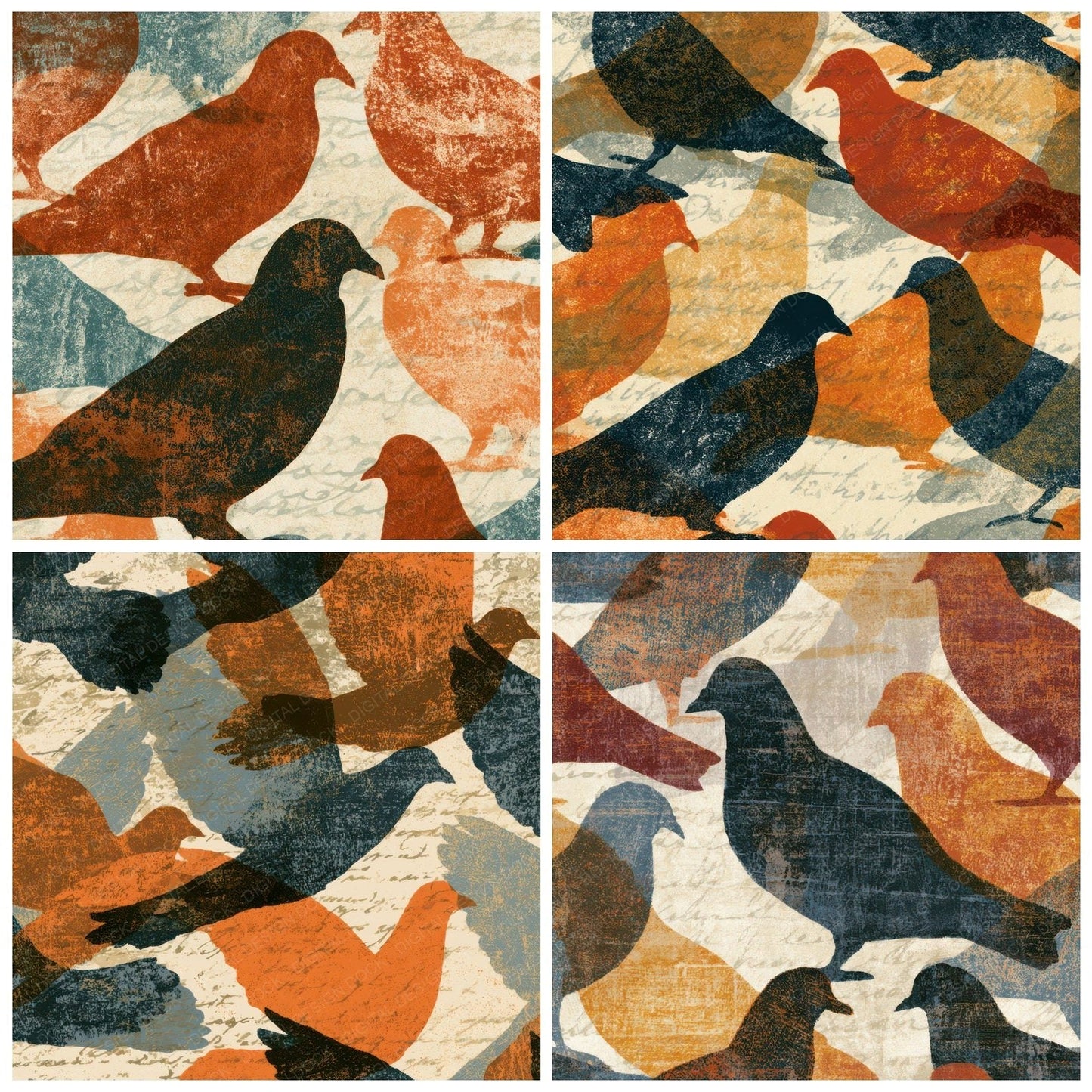 Woodblock Pigeon Copper Bone Digital Paper Pack (DDD012983)