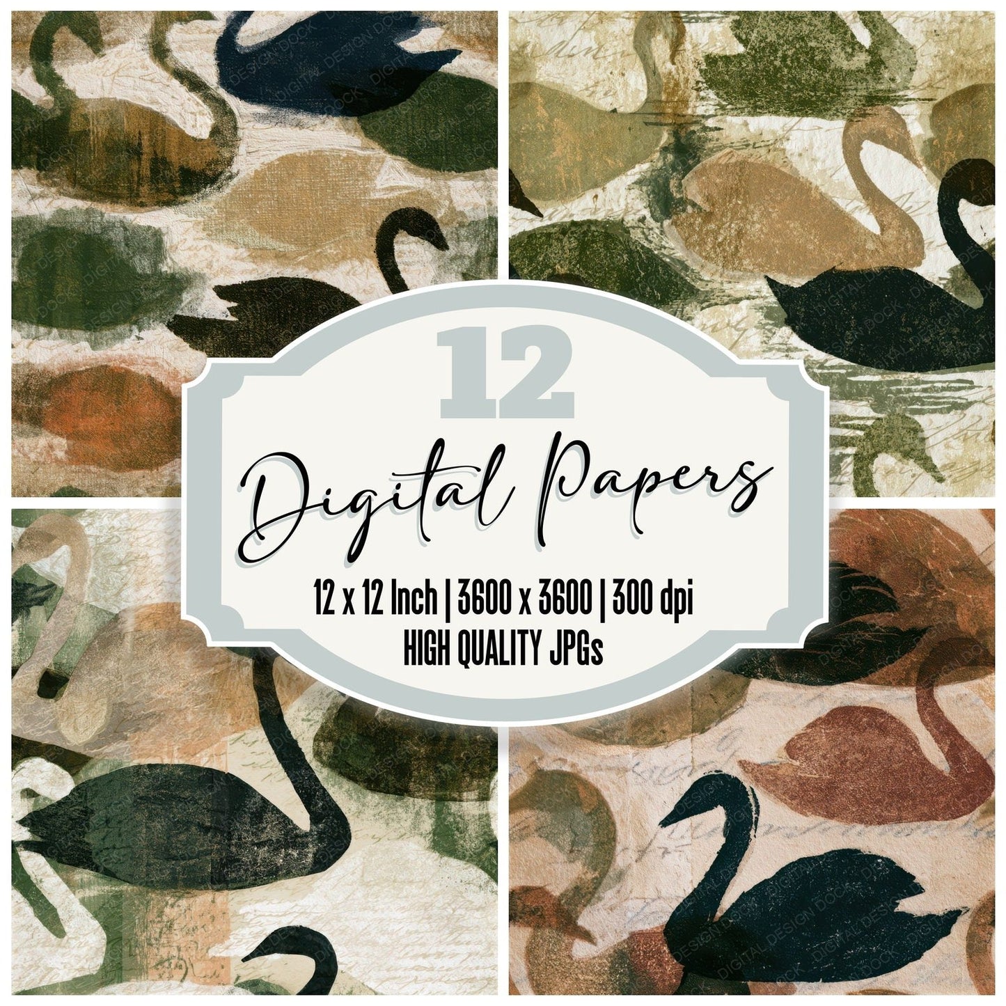 Woodblock Swan Moss Bark Seamless Digital Paper Pack (DDD012984)