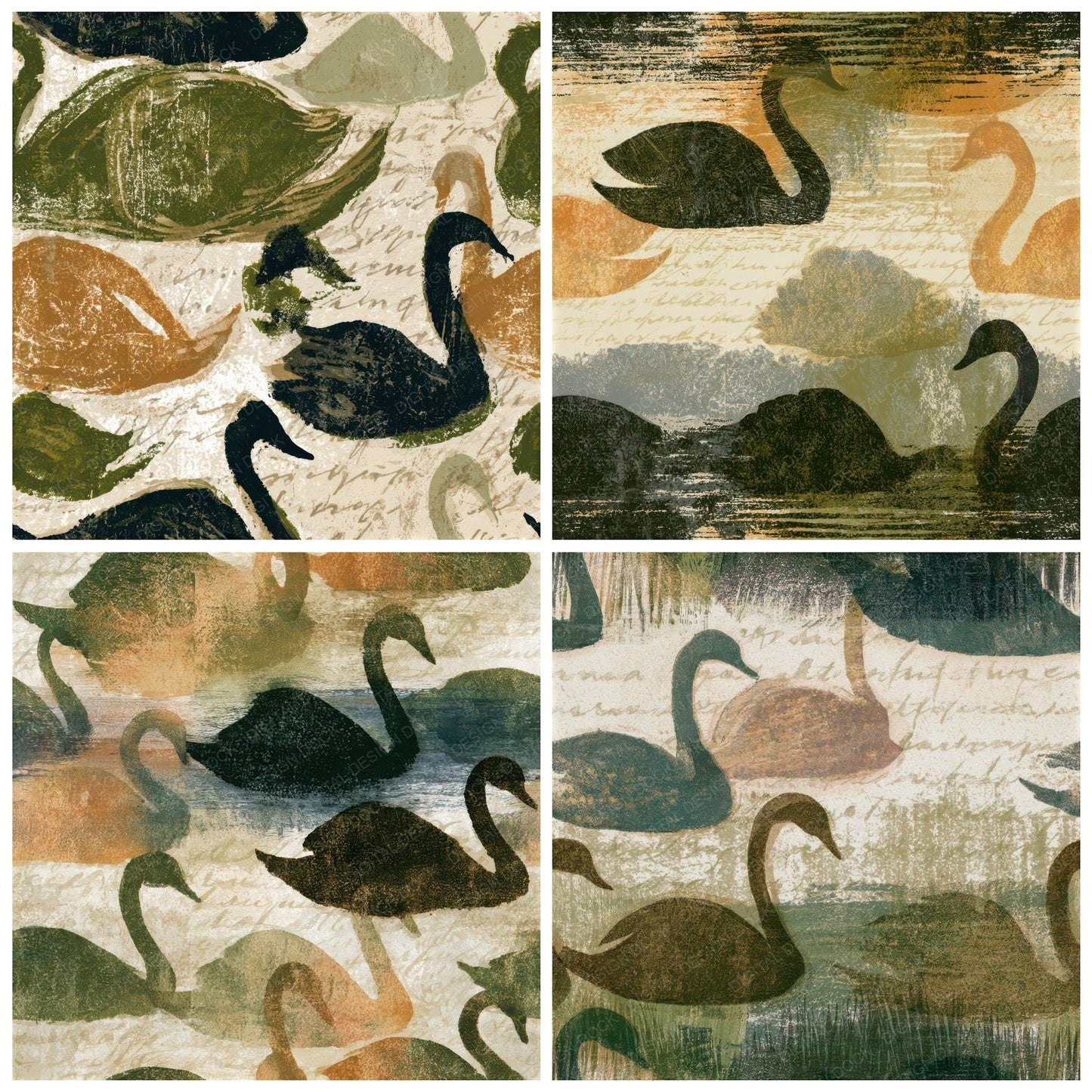 Woodblock Swan Moss Bark Seamless Digital Paper Pack (DDD012984)