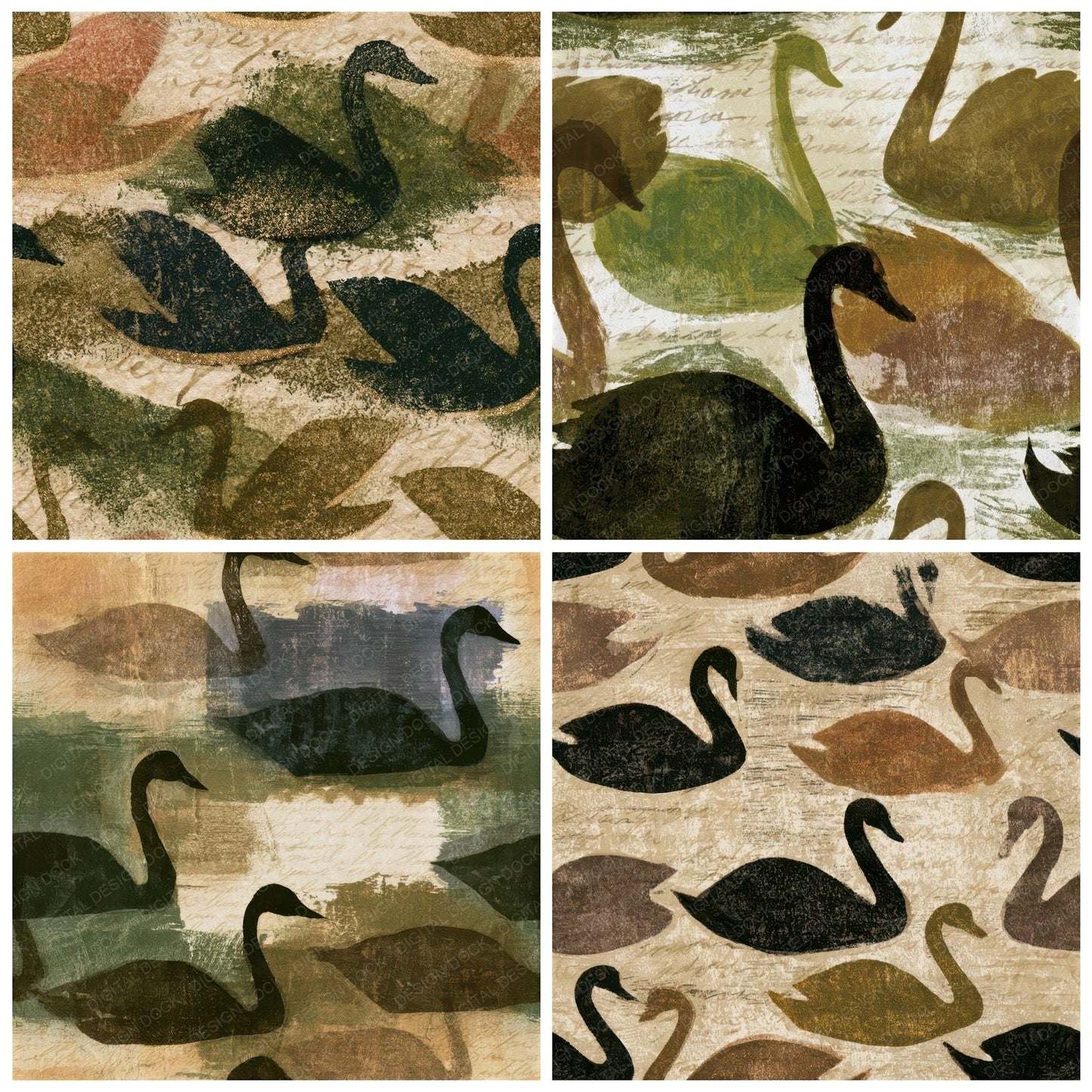 Woodblock Swan Moss Bark Seamless Digital Paper Pack (DDD012984)