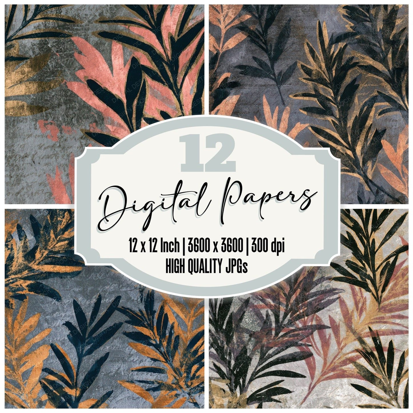 Monoprint Rosemary Jet Rose Pewter Digital Paper Pack (DDD012993)