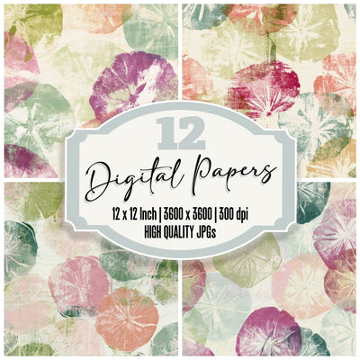 Monoprint Sand Dollars Pistachio Raspberry digital paper pack cover showing four of the 12 papers