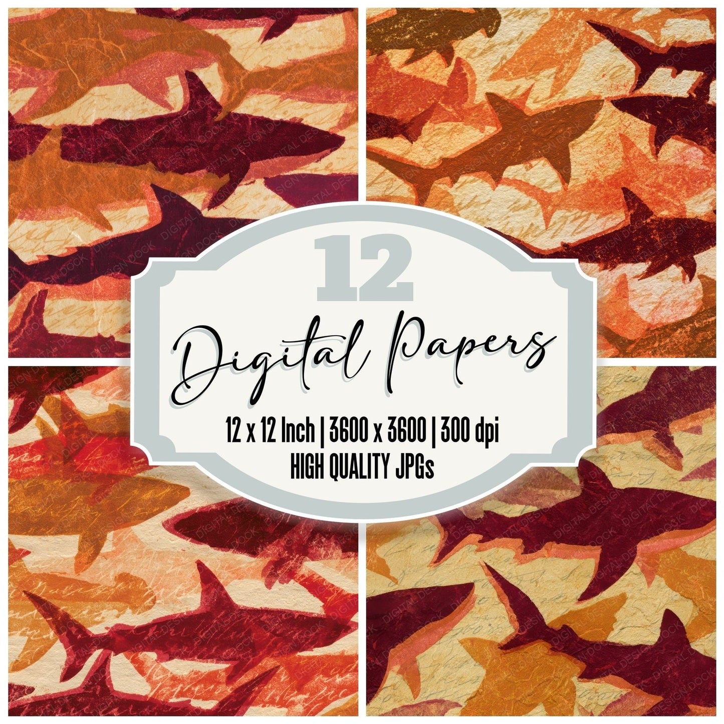 Monoprint Sharks Cinnamon Burgundy Digital Paper Pack (DDD012996)