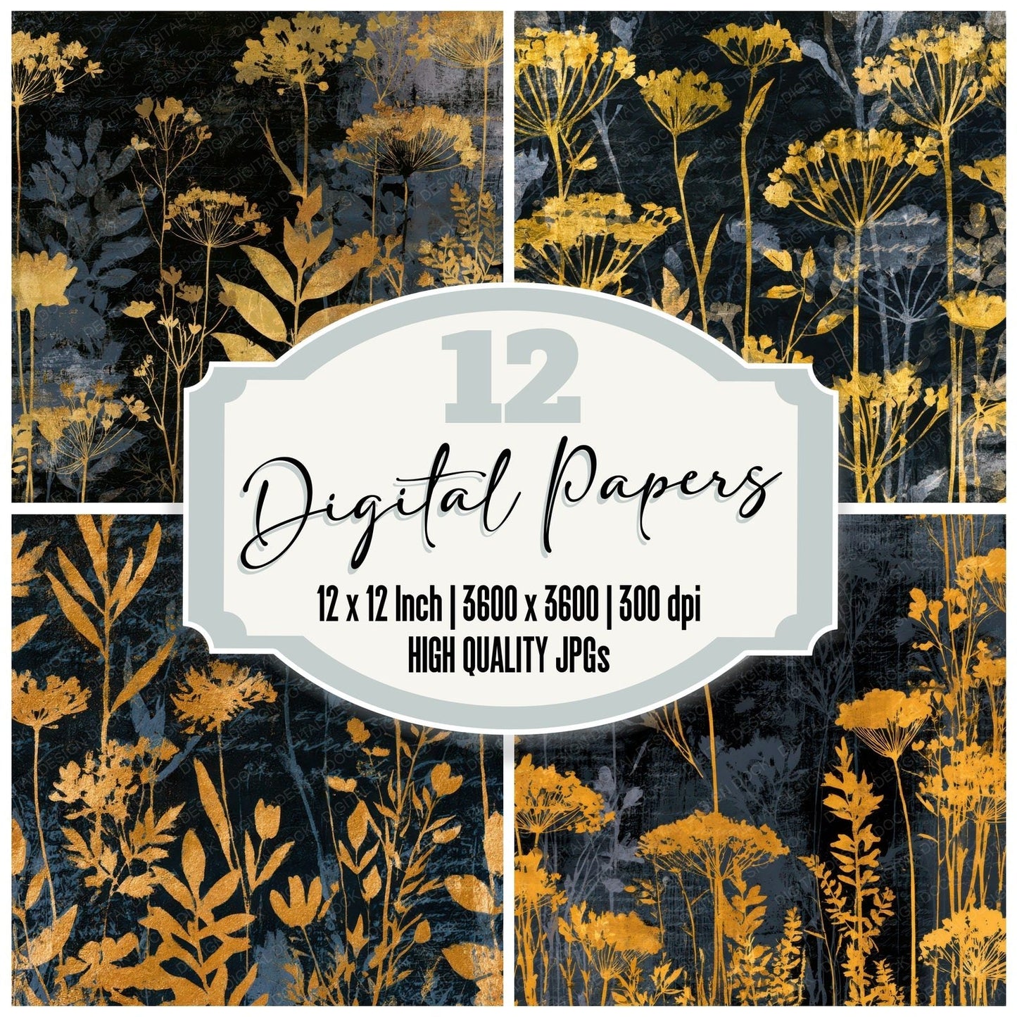 Monoprint Wildflowers Charcoal Gold Digital Paper Pack (DDD012999)