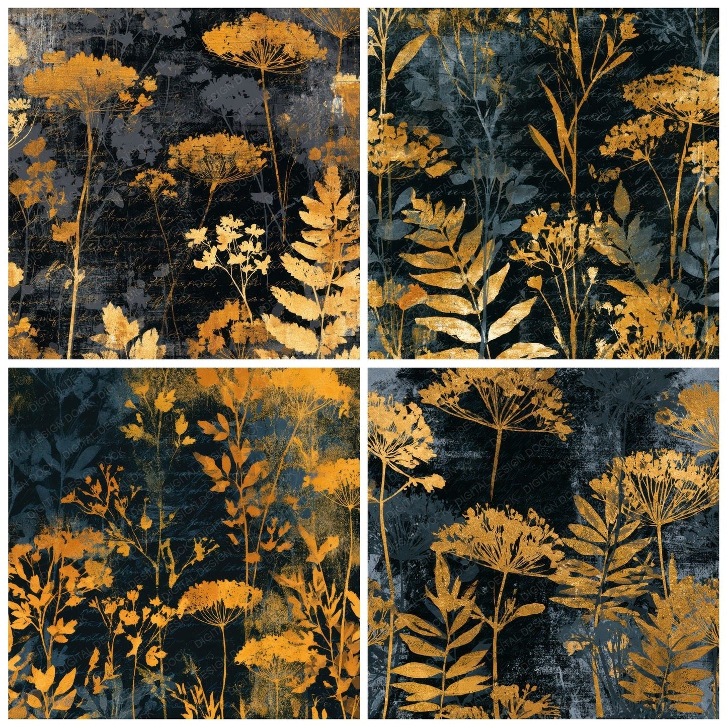 Monoprint Wildflowers Charcoal Gold Digital Paper Pack (DDD012999)