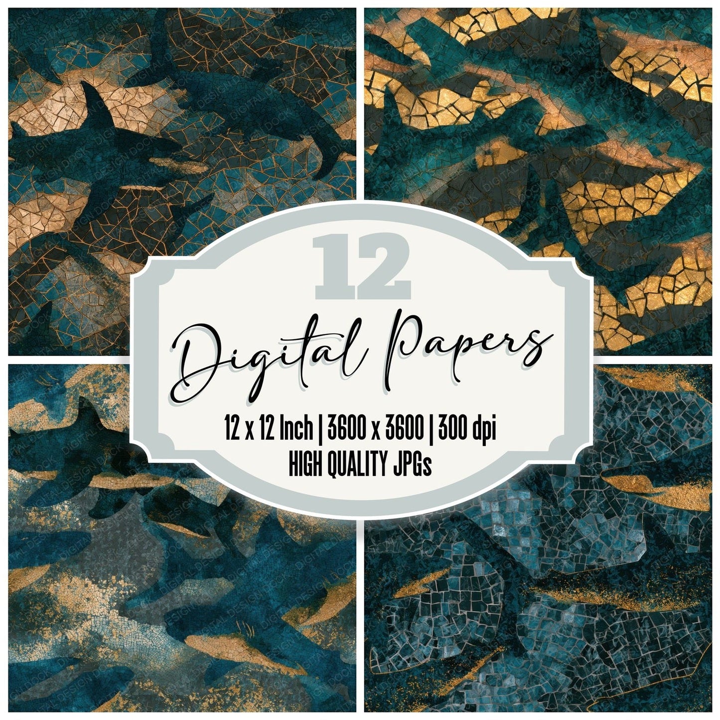 Mosaic Sharks Teal Brass Seamless Digital Paper Pack (DDD013001)
