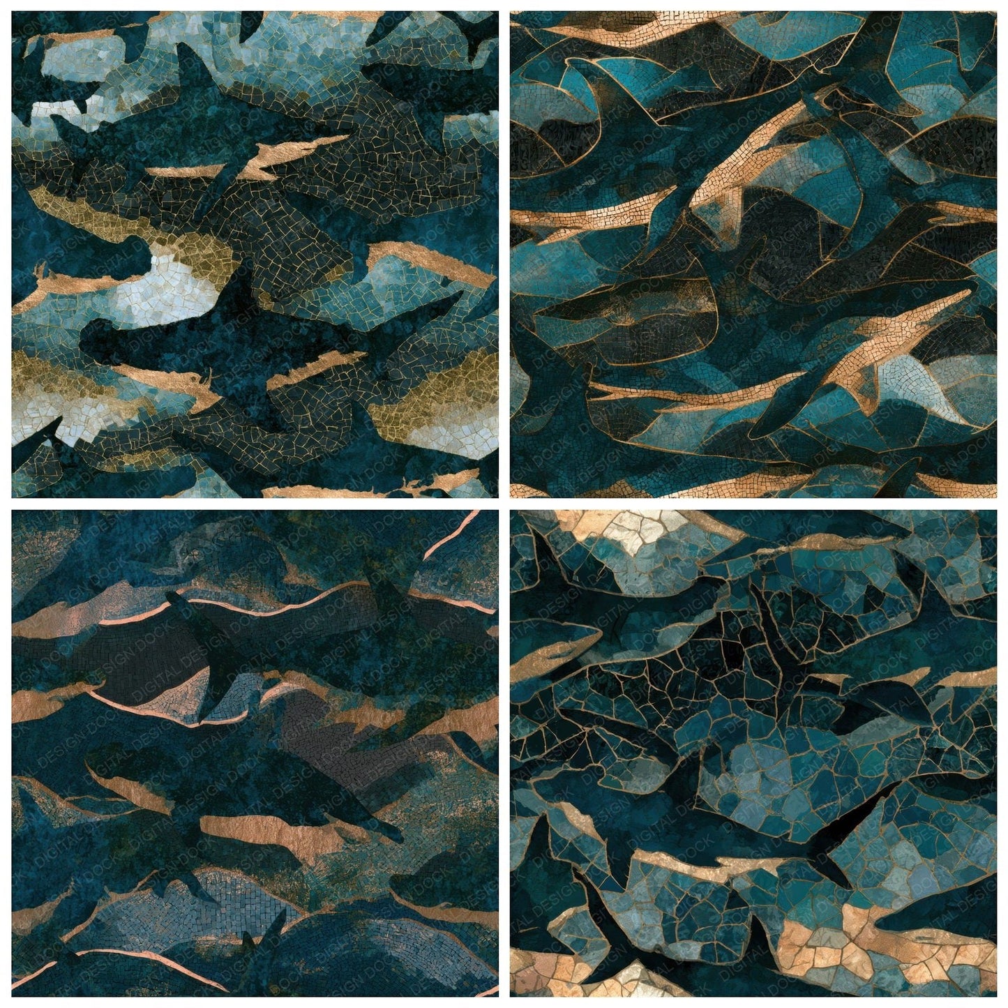 Mosaic Sharks Teal Brass Seamless Digital Paper Pack (DDD013001)