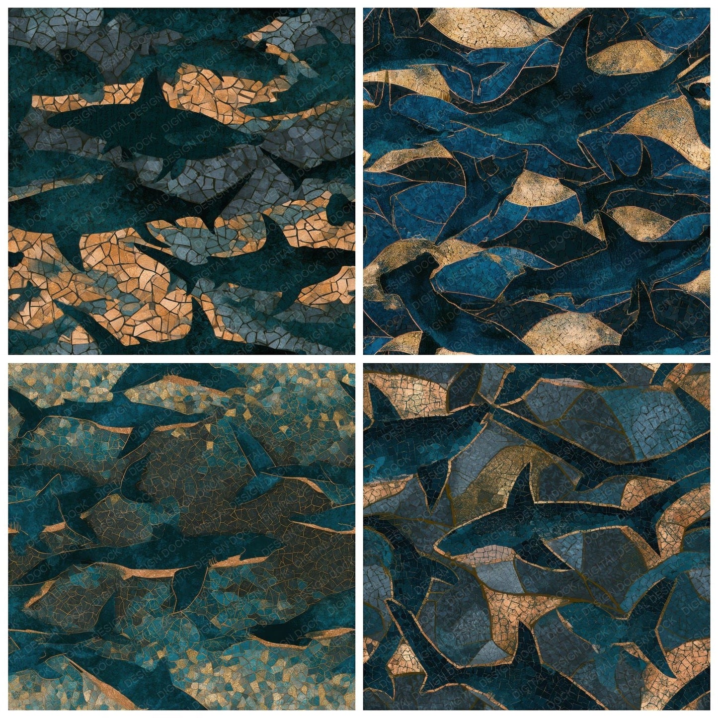 Mosaic Sharks Teal Brass Seamless Digital Paper Pack (DDD013001)