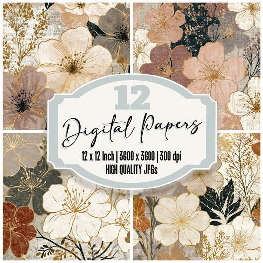 Woodblock Cherry Blossom Mushroom Ivory Digital Paper Pack (DDD013003)