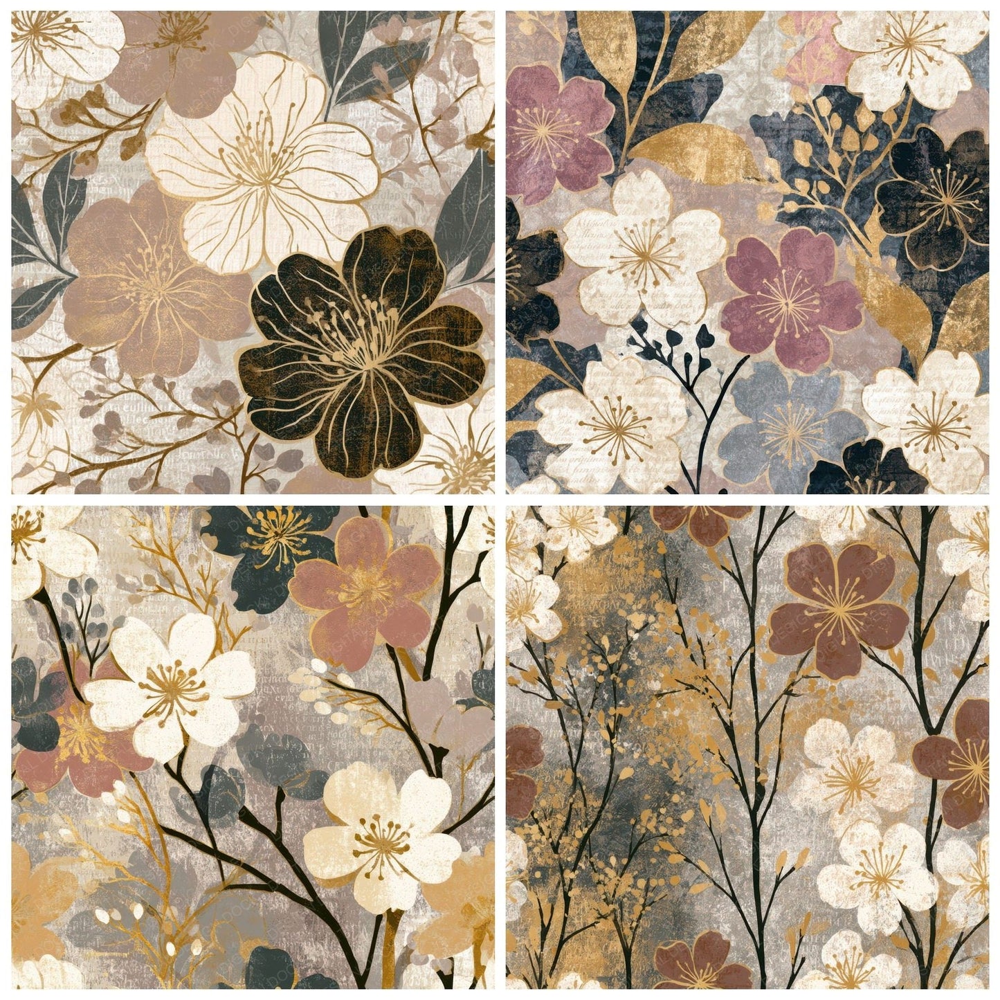 Woodblock Cherry Blossom Mushroom Ivory Digital Paper Pack (DDD013003)