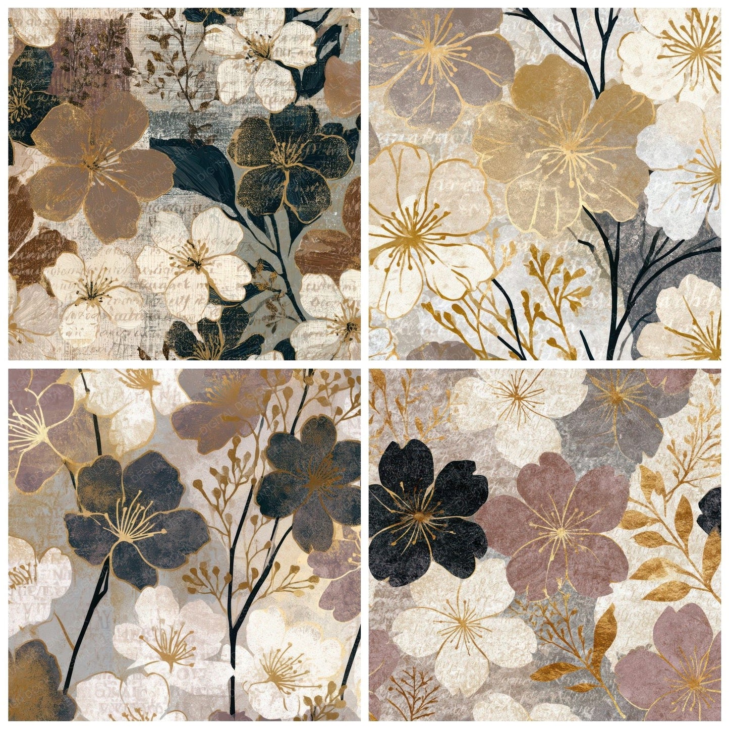 Woodblock Cherry Blossom Mushroom Ivory Digital Paper Pack (DDD013003)