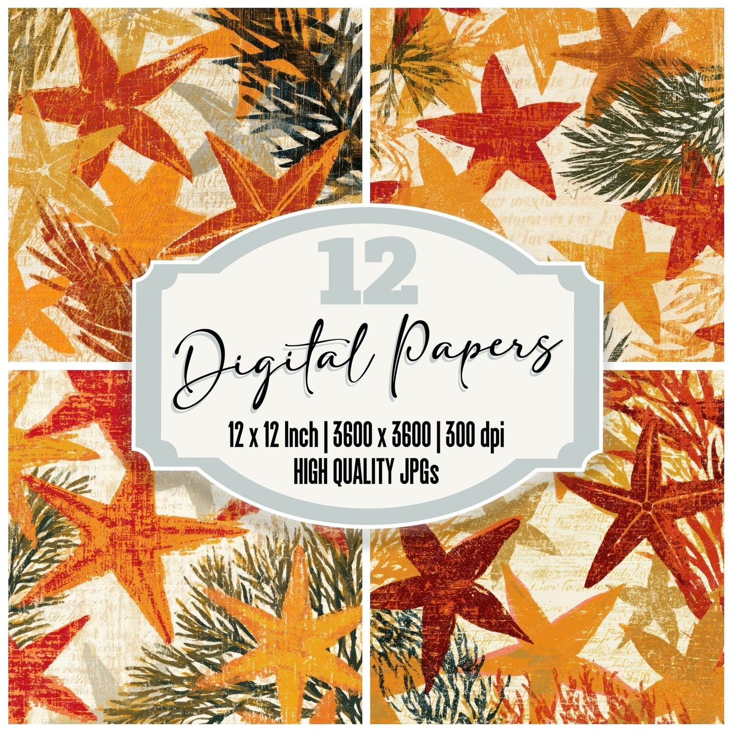 Woodcut Starfish Kelp Rust Digital Paper Pack (DDD013004)