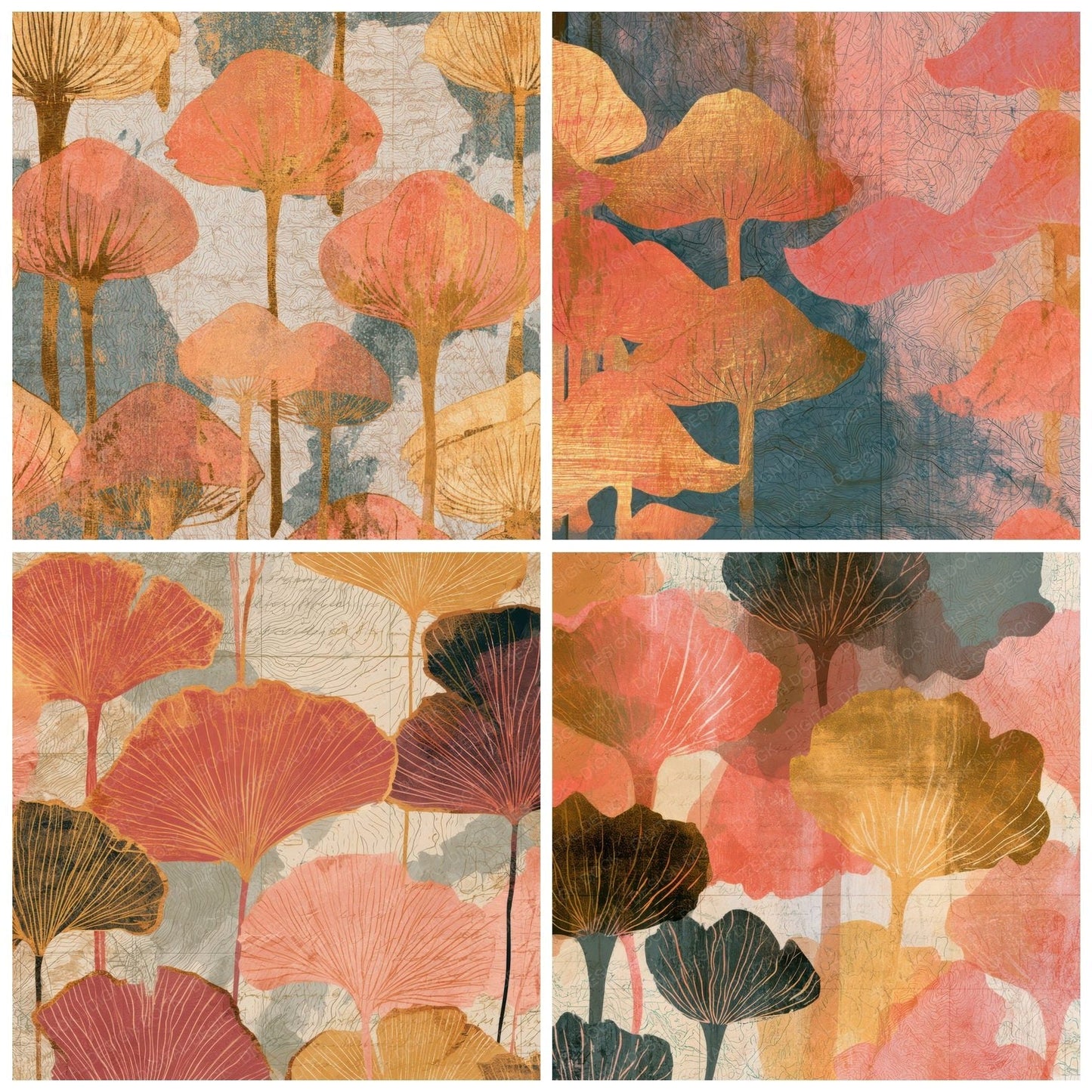 Antique Map Ink Caps Coral Gold Digital Paper Pack (DDD013005)