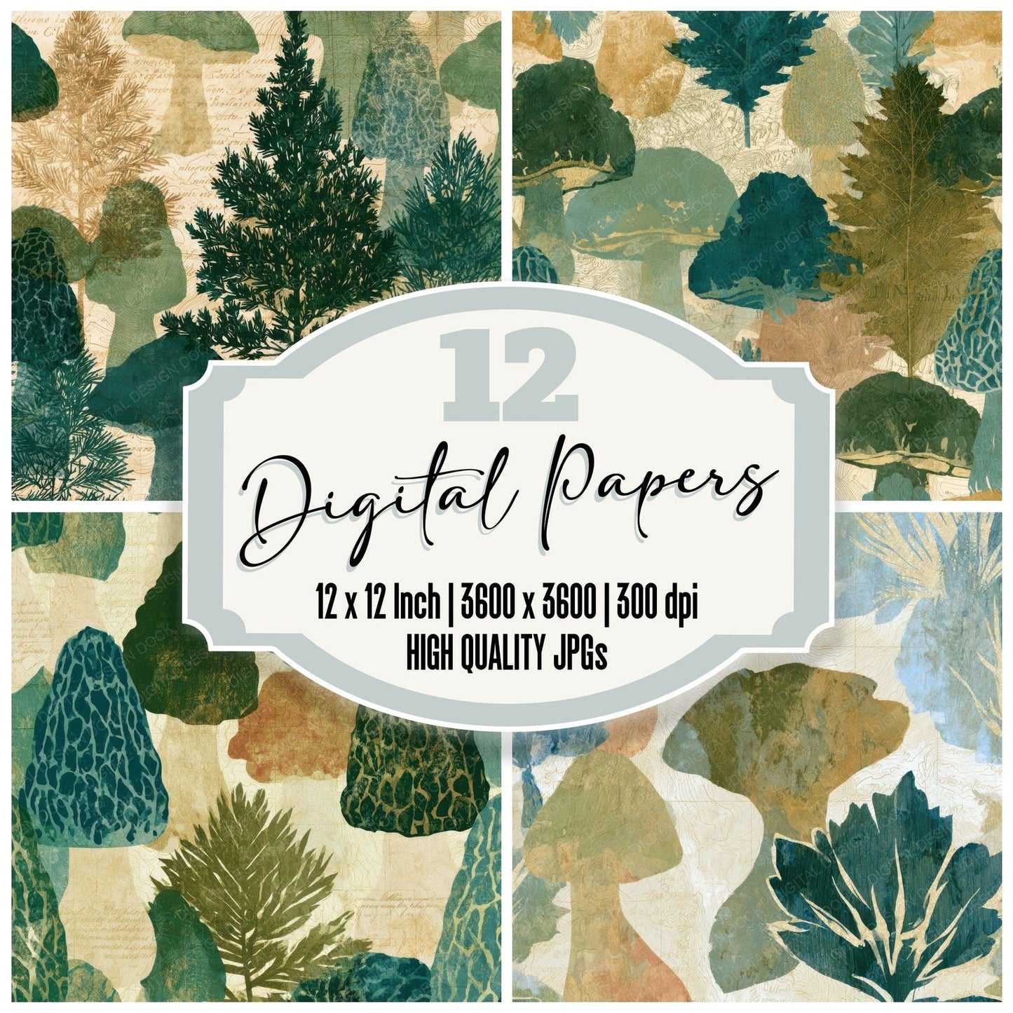 Antique Map Morels Pine Cream Digital Paper Pack (DDD013006)