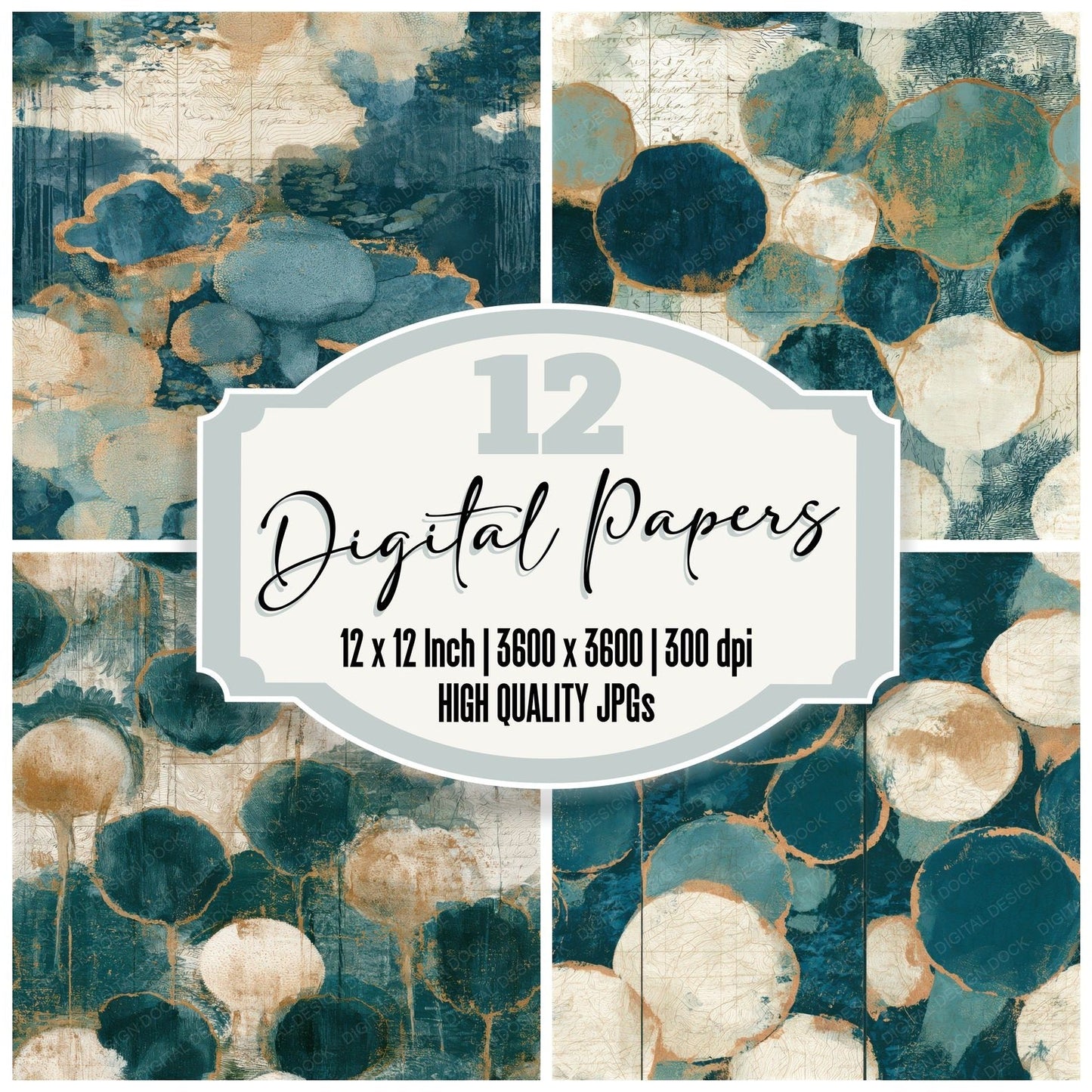 Antique Map Puffballs Teal Bone Seamless Digital Paper Pack (DDD013007)