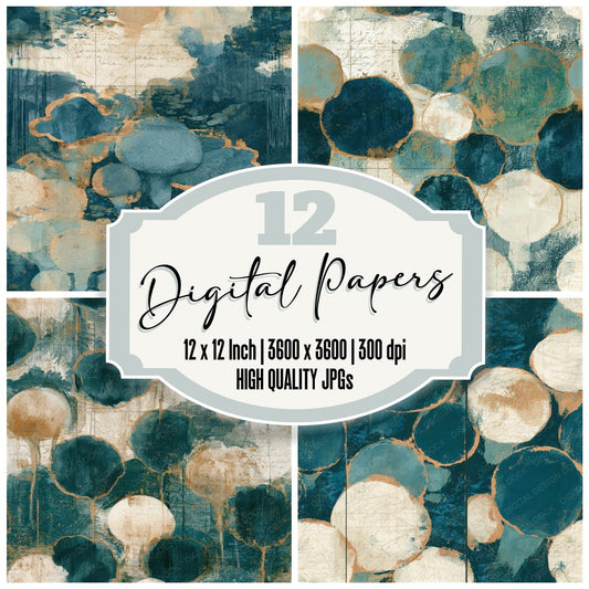 Antique Map Puffballs Teal Bone Seamless Digital Paper Pack (DDD013007)