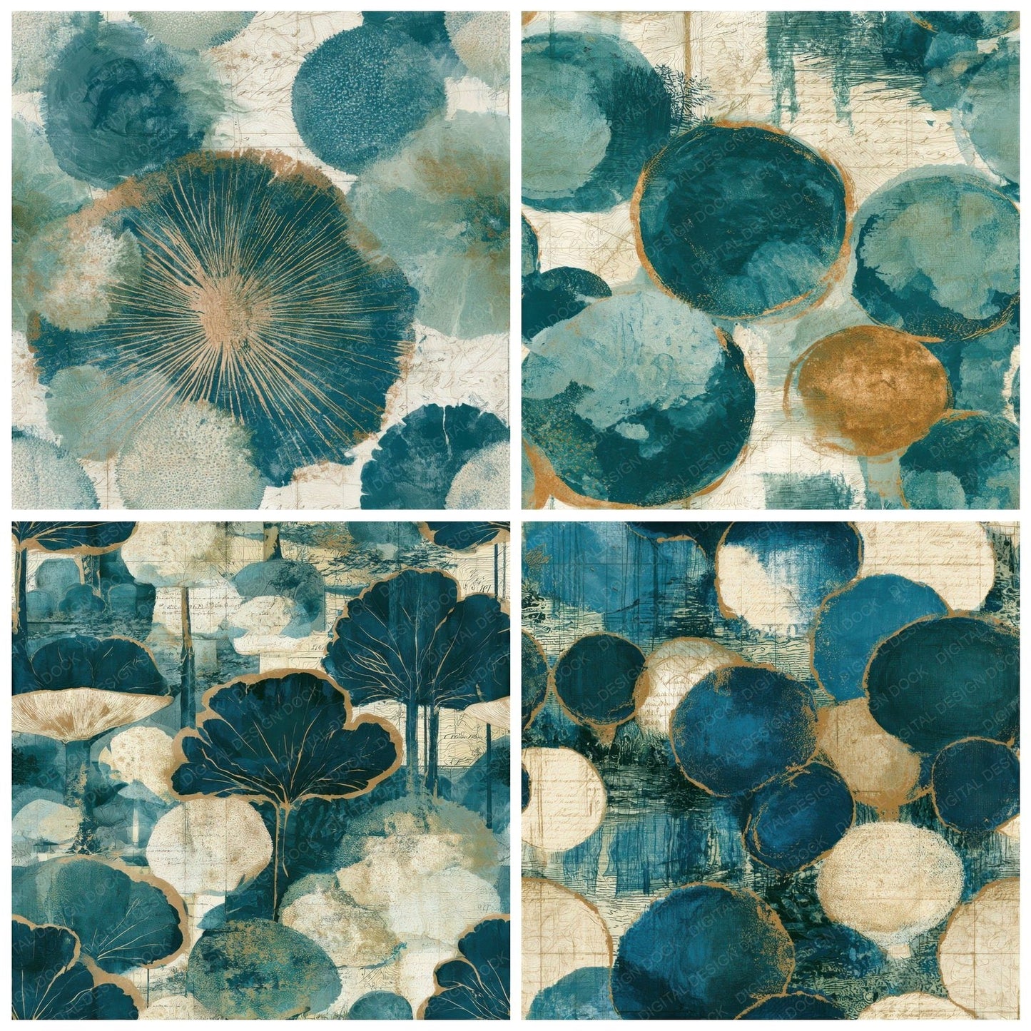 Antique Map Puffballs Teal Bone Seamless Digital Paper Pack (DDD013007)