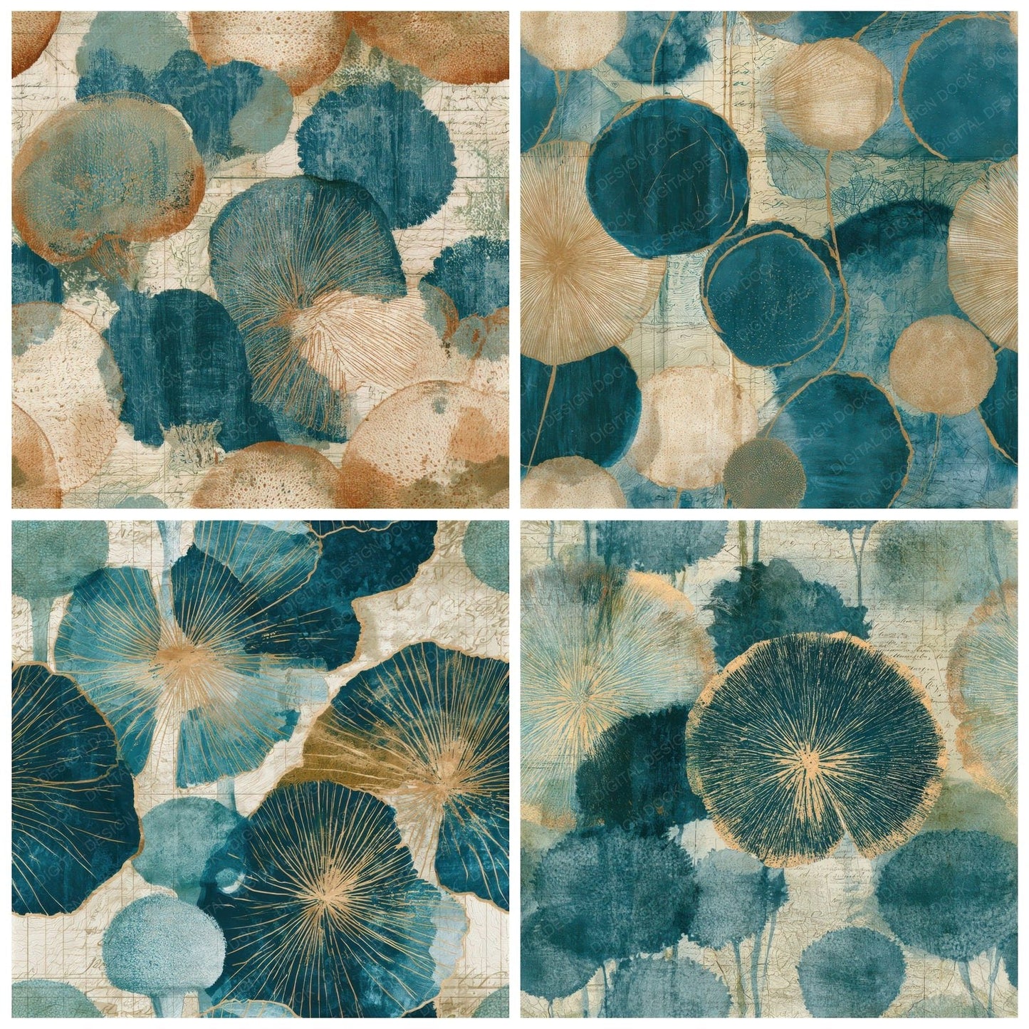 Antique Map Puffballs Teal Bone Seamless Digital Paper Pack (DDD013007)