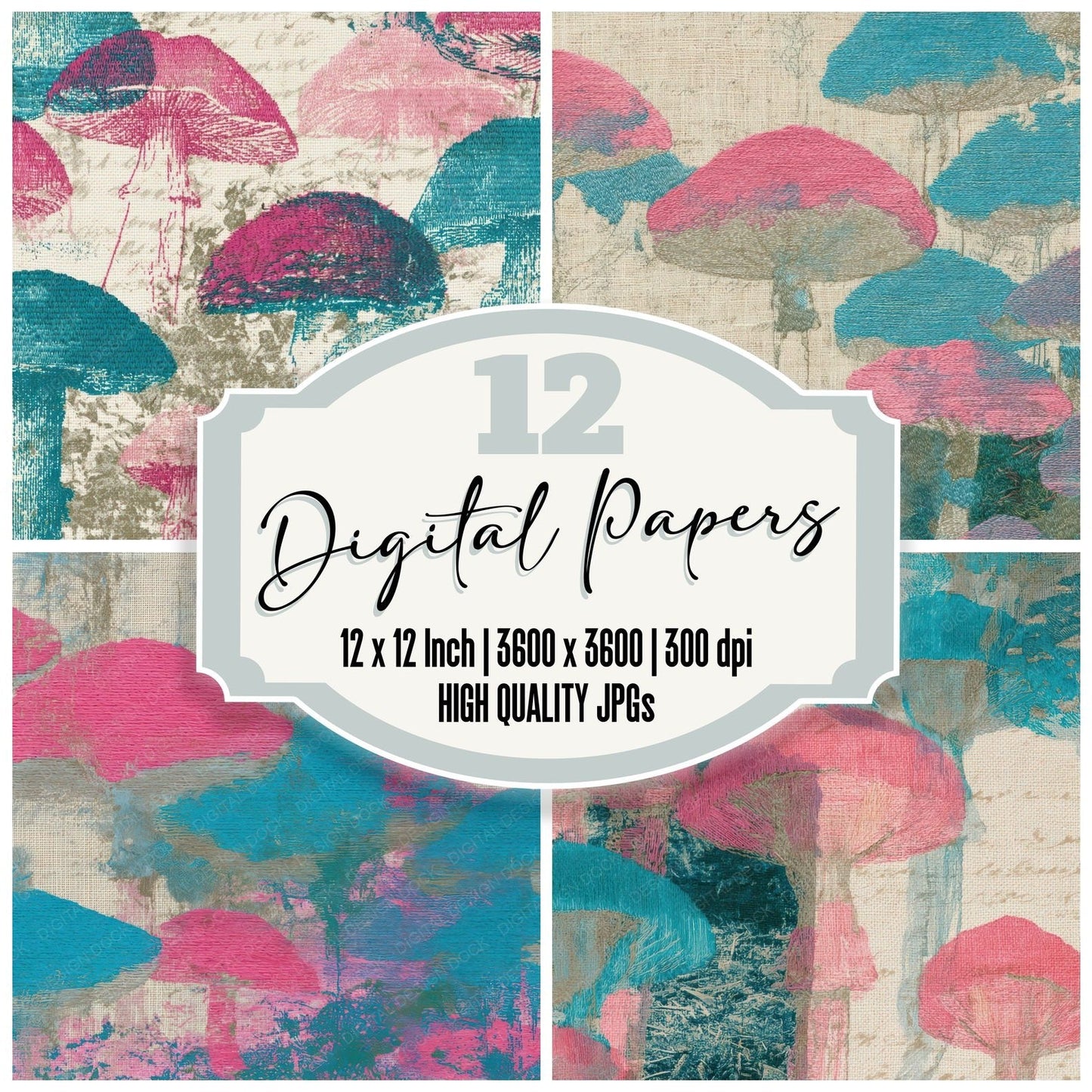 Embroidery Toadstools Bubblegum Turquoise Digital Paper Pack (DDD013010)