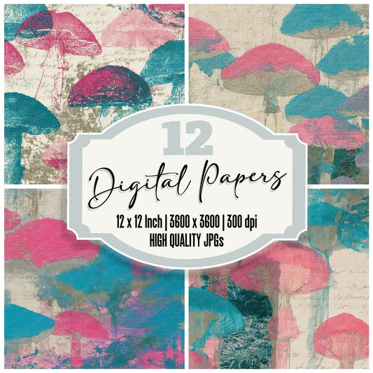 Embroidery Toadstools Bubblegum Turquoise Digital Paper Pack (DDD013010)