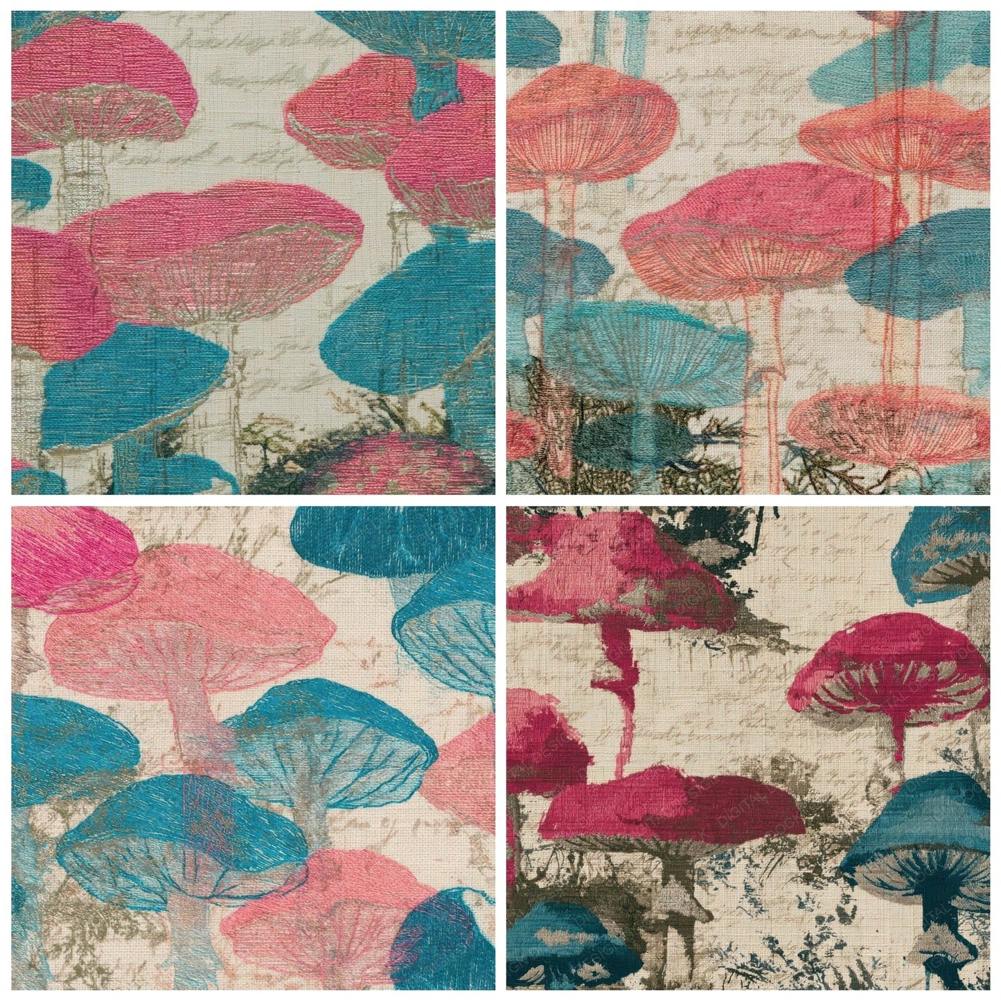 Embroidery Toadstools Bubblegum Turquoise Digital Paper Pack (DDD013010)