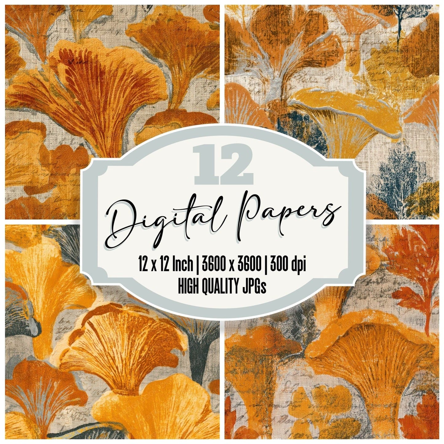 Indian Block Print Chanterelle Gold Seamless Digital Paper Pack (DDD013012)