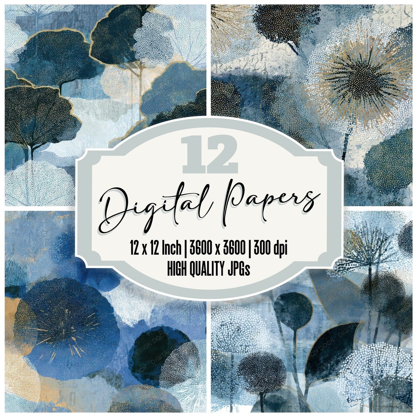 Pointillism Puffballs Icy Blue Charcoal Digital Paper Pack (DDD013020)
