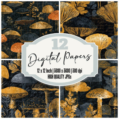 Scratchboard Fly Agaric Charcoal Gold Digital Paper Pack (DDD013021)