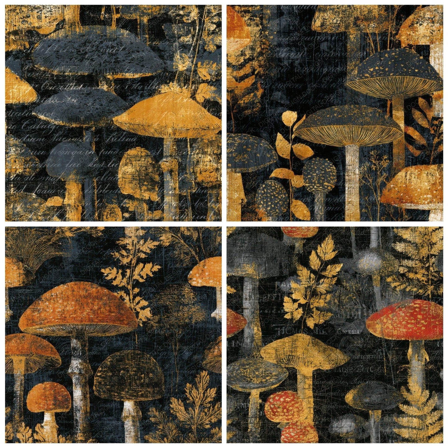 Scratchboard Fly Agaric Charcoal Gold Digital Paper Pack (DDD013021)