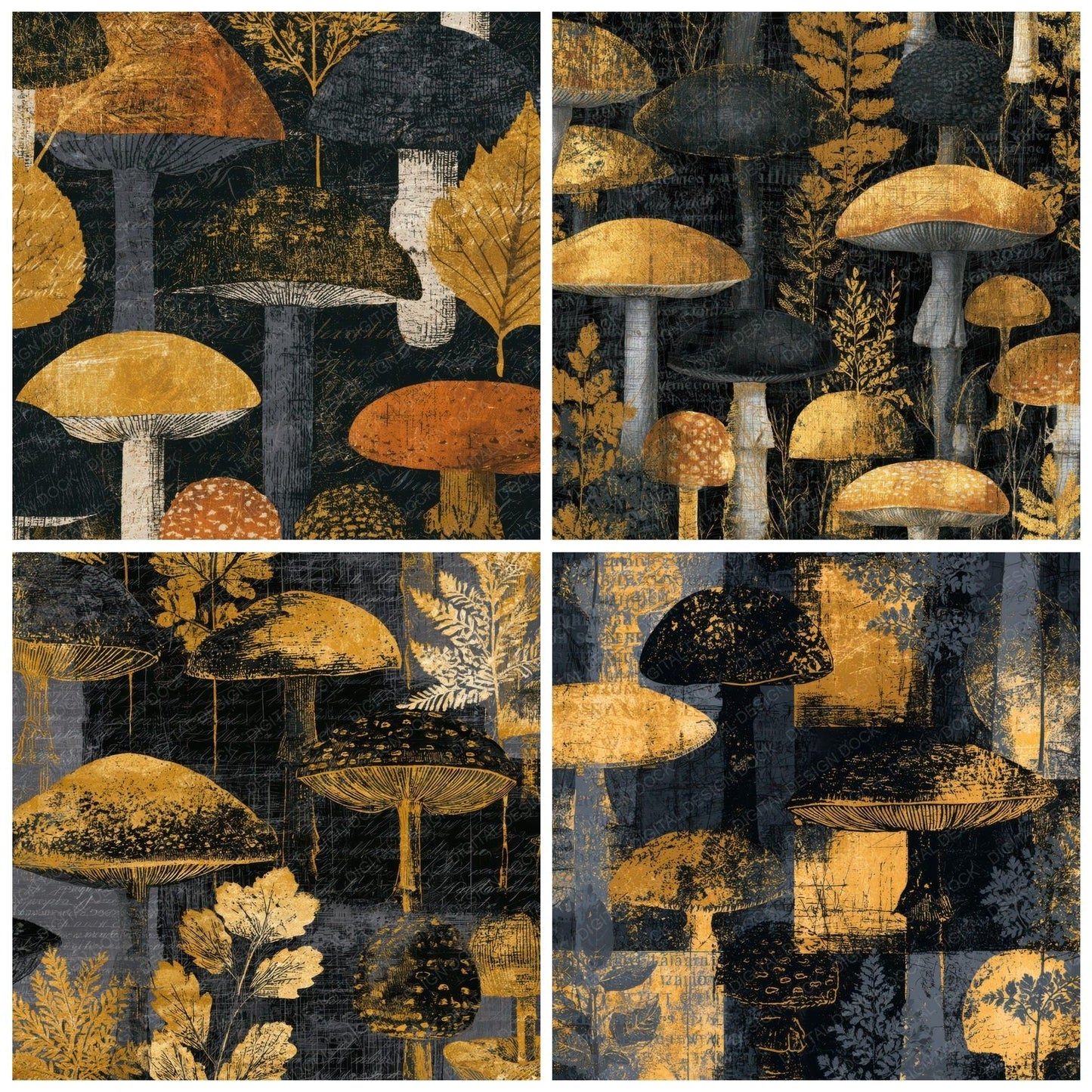 Scratchboard Fly Agaric Charcoal Gold Digital Paper Pack (DDD013021)