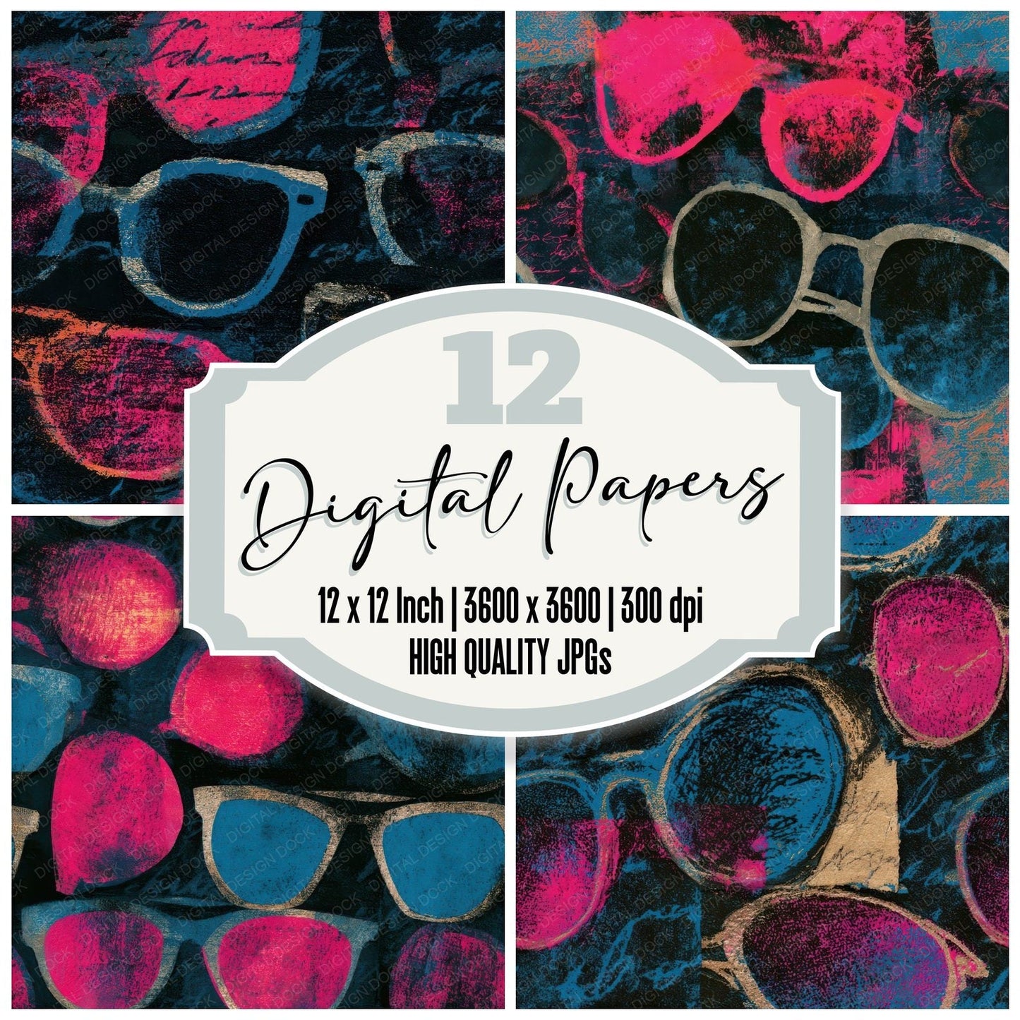 Bohemian Sunglasses Pink Cyan Seamless Digital Paper Pack (DDD013026)