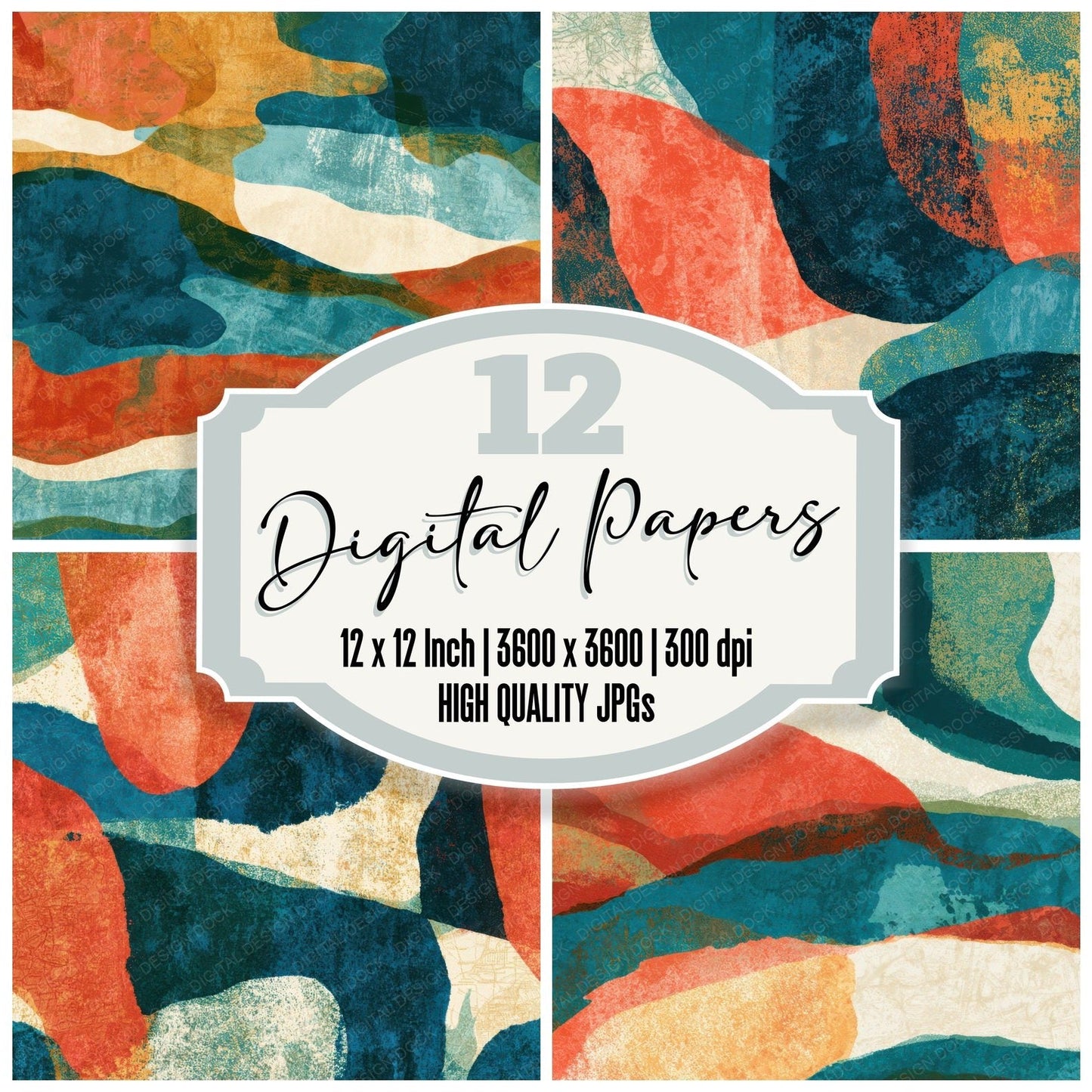 Mid Century Coral Sea Blue Abstract Digital Paper Pack (DDD013031)