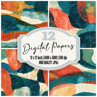 Mid Century Coral Sea Blue Abstract Digital Paper Pack (DDD013031)