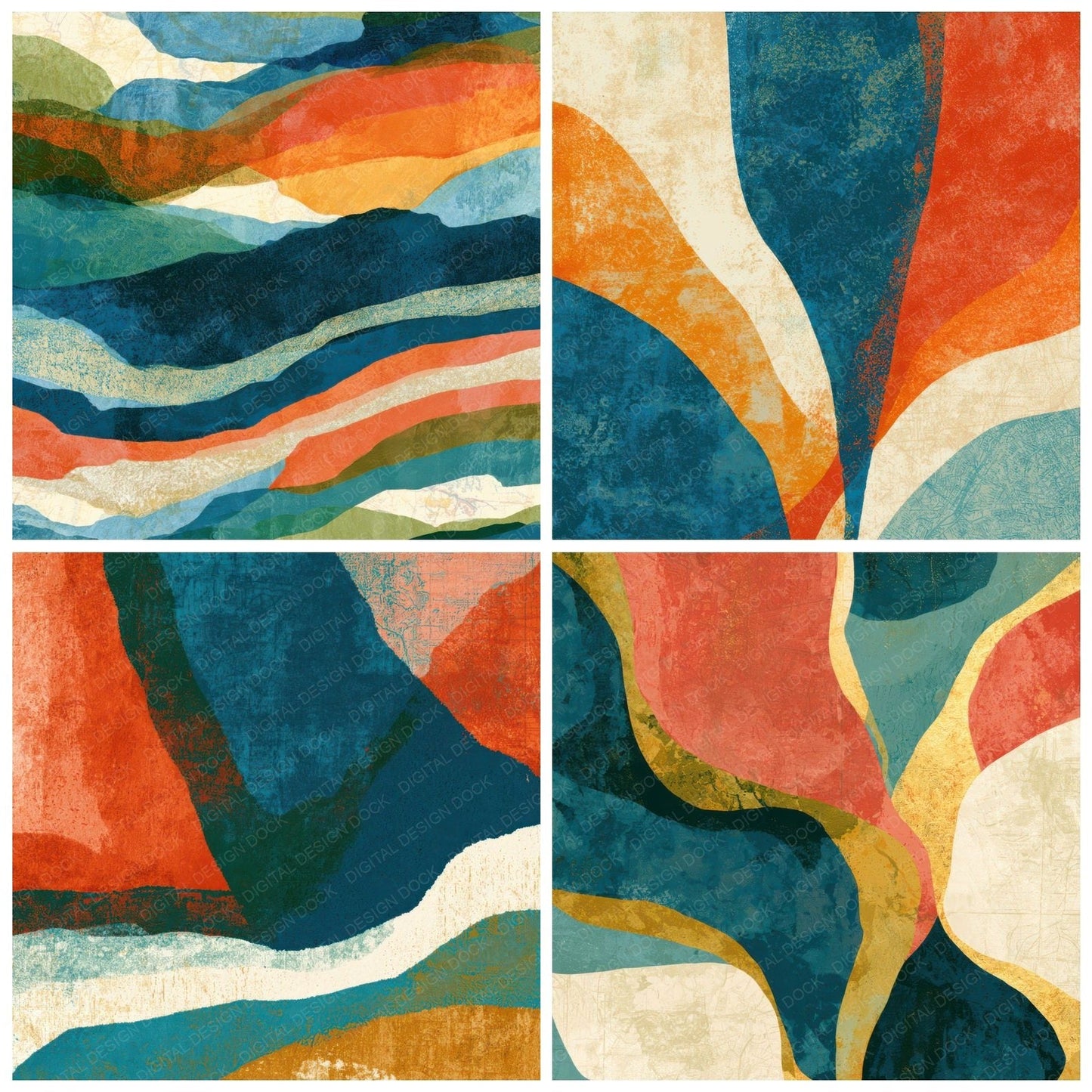 Mid Century Coral Sea Blue Abstract Digital Paper Pack (DDD013031)