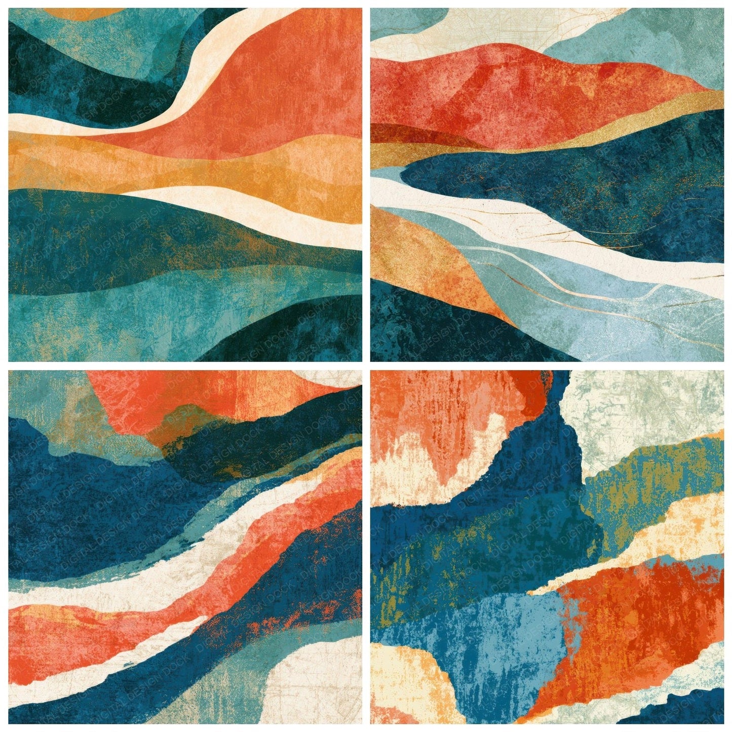 Mid Century Coral Sea Blue Abstract Digital Paper Pack (DDD013031)