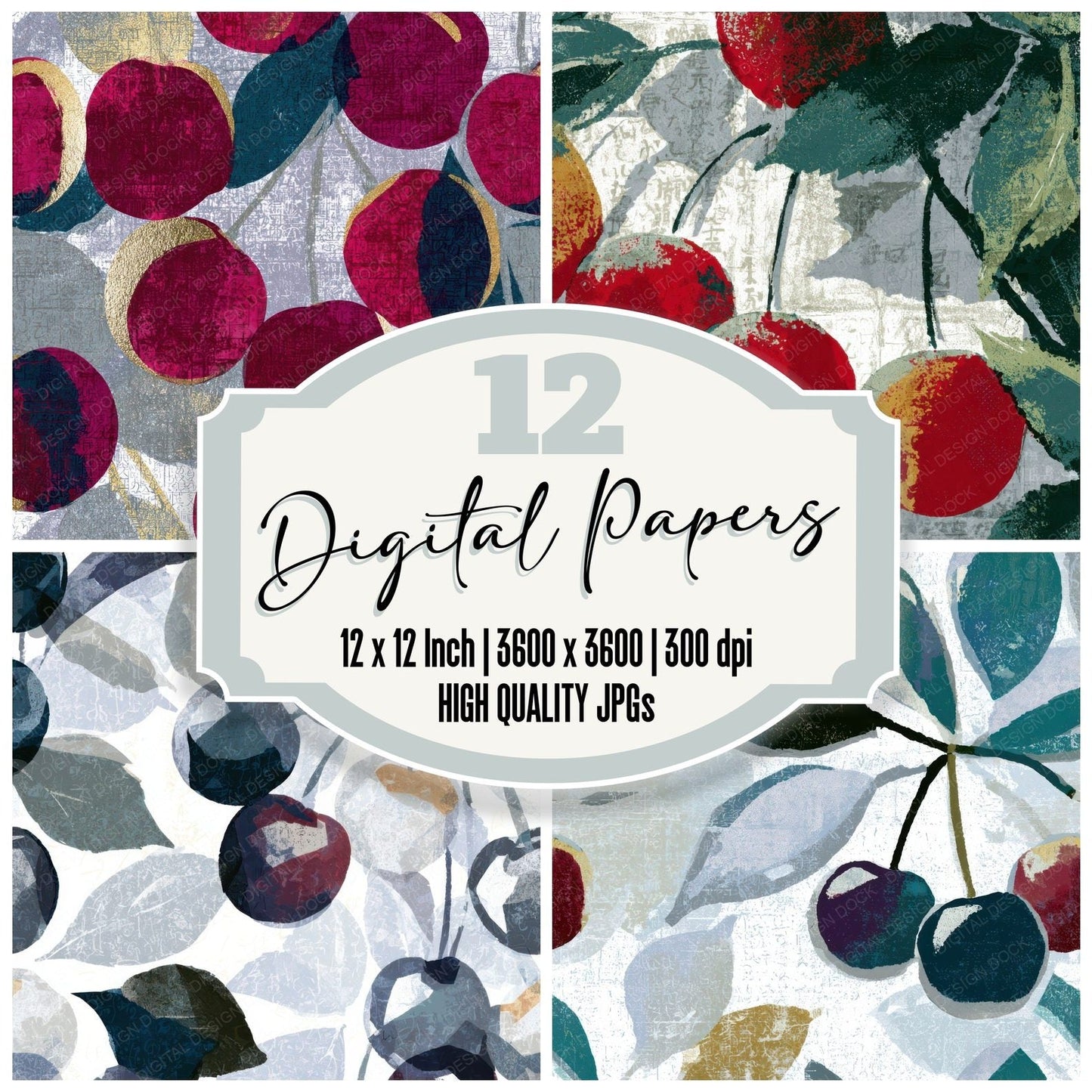 Pop Art Cherries Silver White Digital Paper Pack (DDD013033)