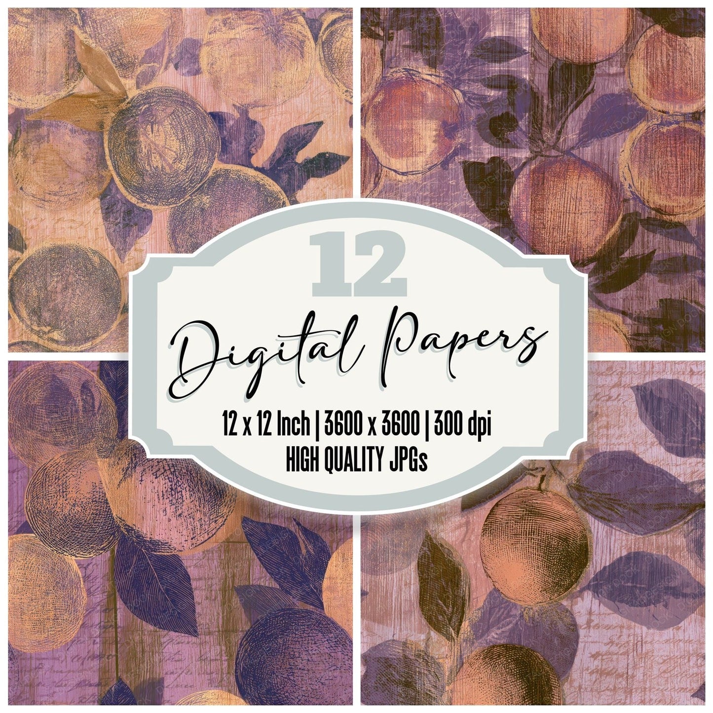 Pyrography Oranges Lilac Mauve Seamless Digital Paper Pack (DDD013038)