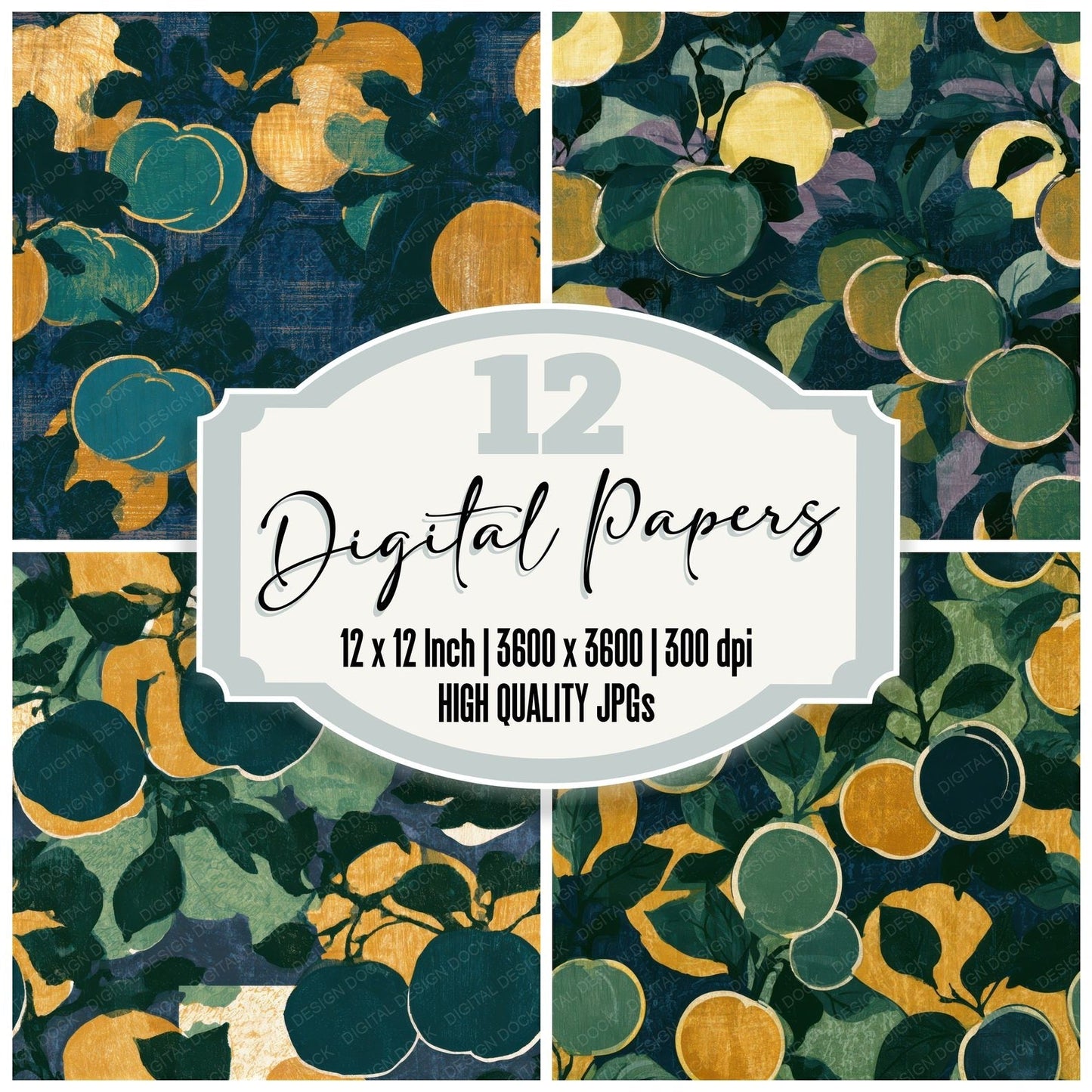 Ukiyo-e Plum Palm Ochre Seamless Digital Paper Pack (DDD013041)