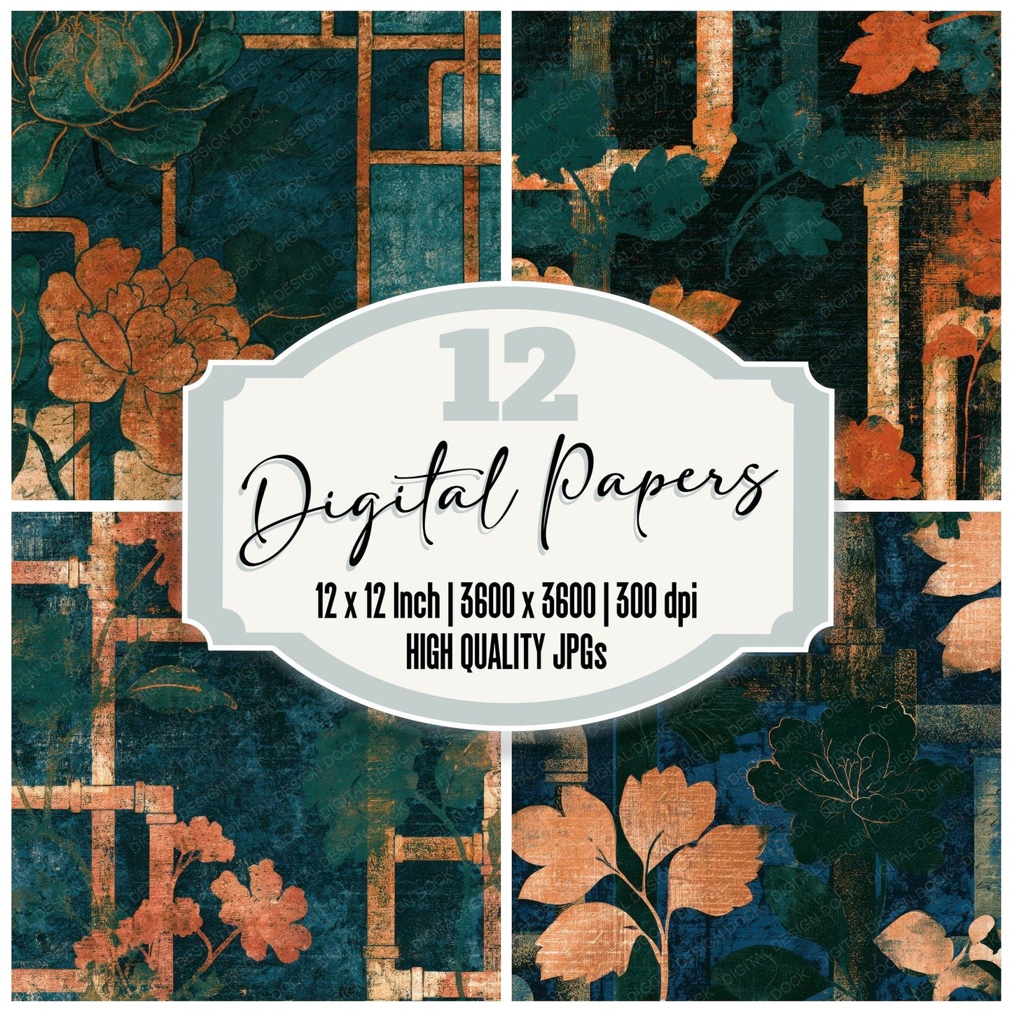 Etching Pipework Copper Florals Navy Digital Paper Pack (DDD013050)