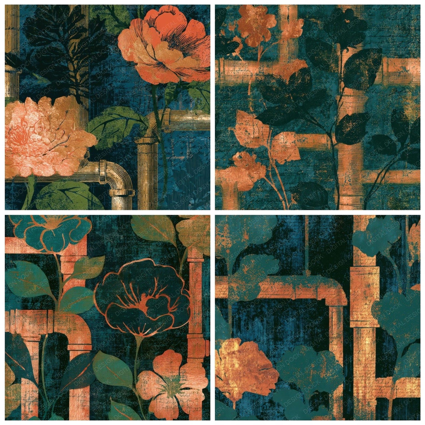 Etching Pipework Copper Florals Navy Digital Paper Pack (DDD013050)