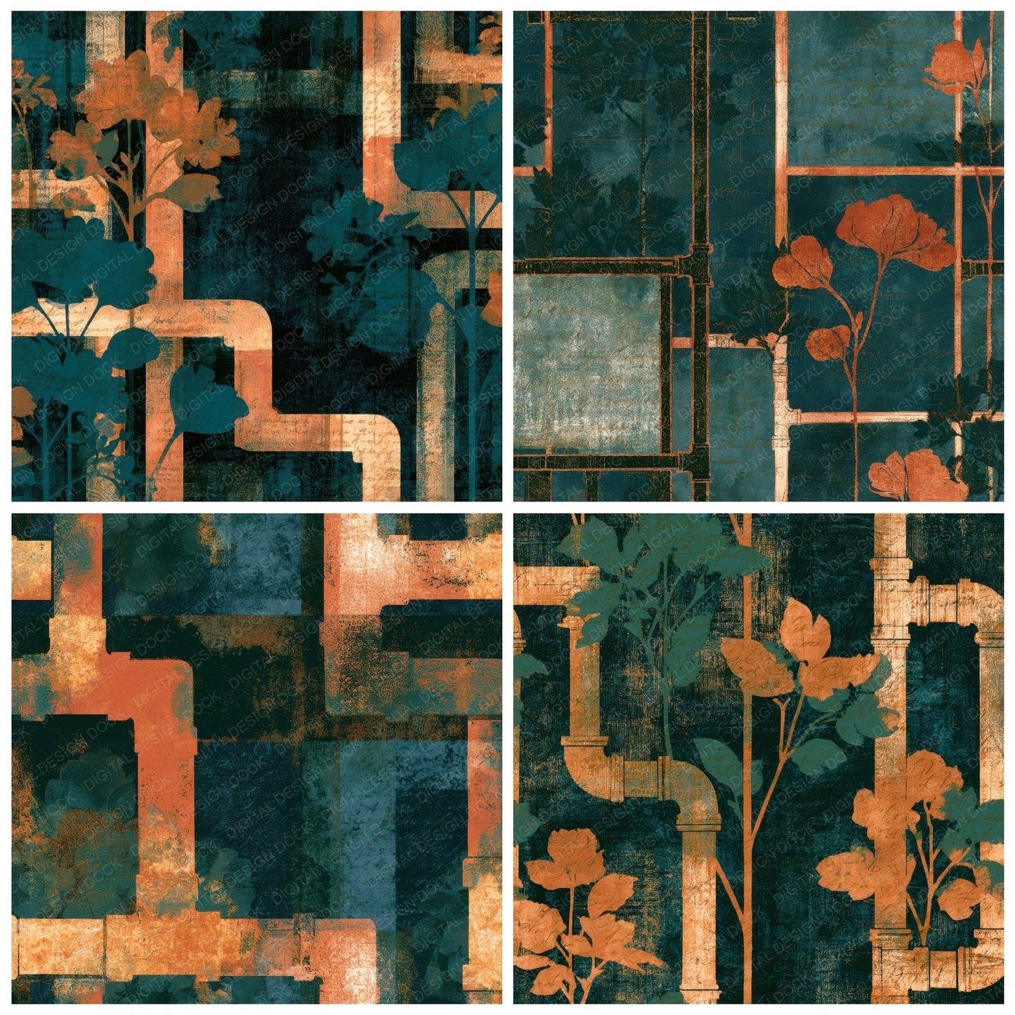 Etching Pipework Copper Florals Navy Digital Paper Pack (DDD013050)