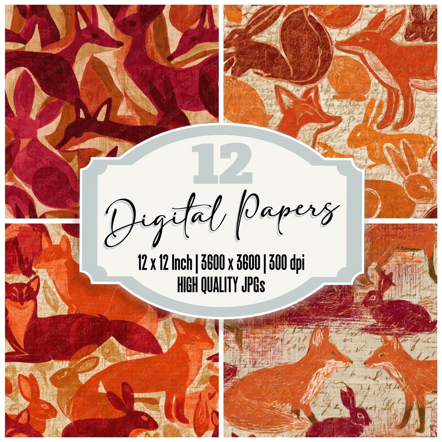 Folk Art Foxes Rabbits Pumpkin Wine Digital Paper Pack (DDD013051)