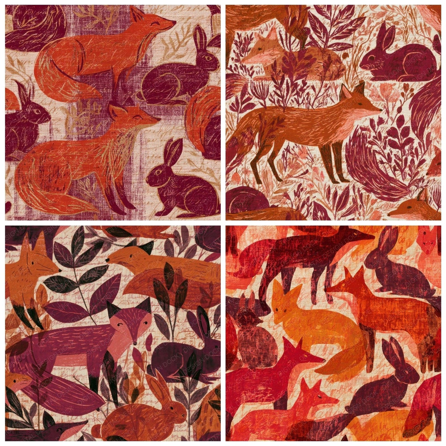 Folk Art Foxes Rabbits Pumpkin Wine Digital Paper Pack (DDD013051)