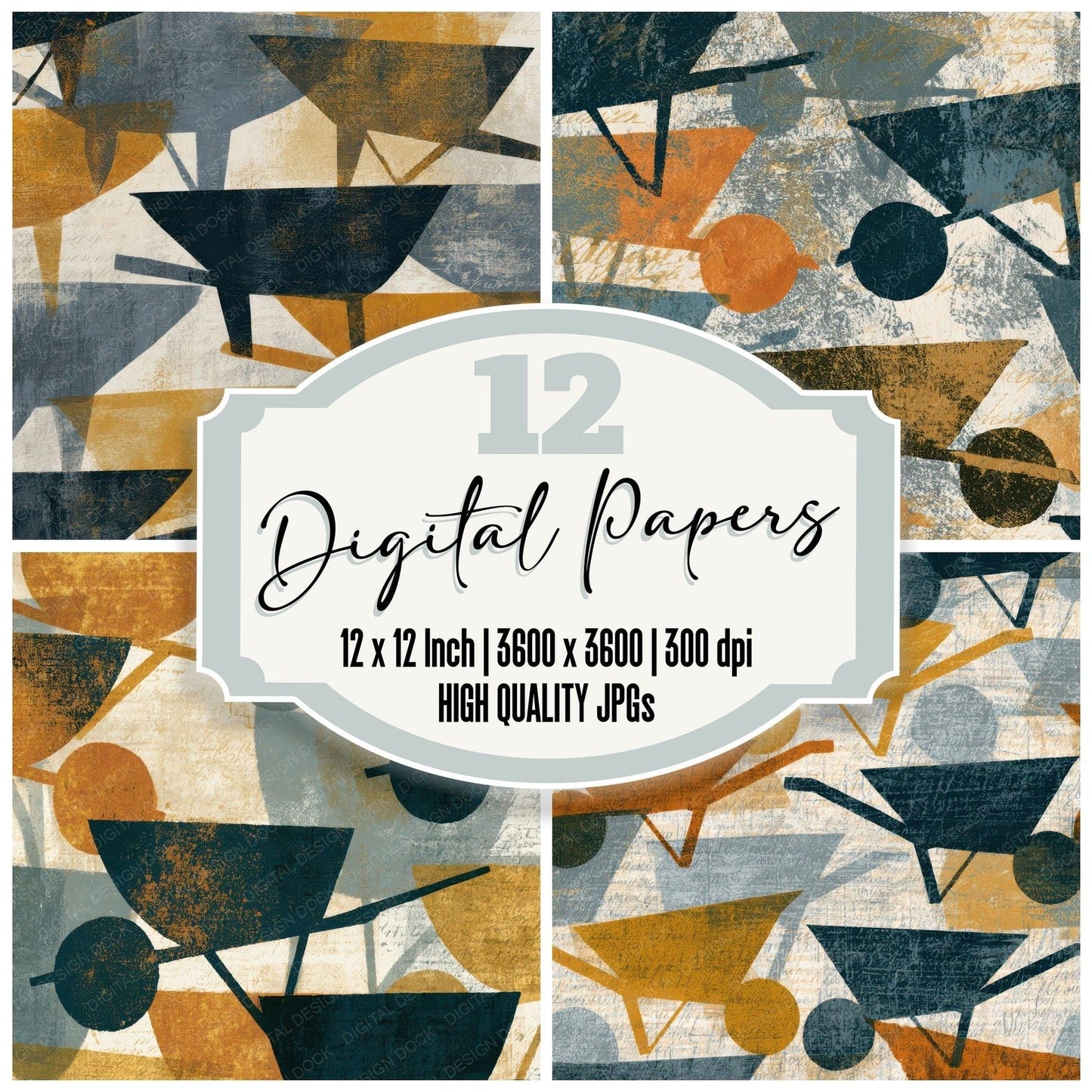 Letterpress Wheelbarrows Thunder Grey Digital Paper Pack (DDD013057)