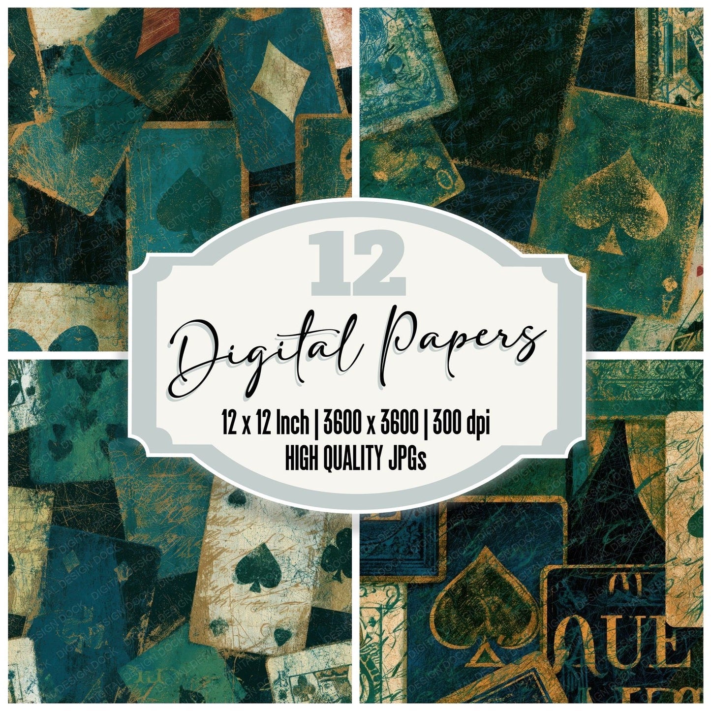 Scratchboard Playing Cards Emerald Jade Digital Paper Pack (DDD013061)