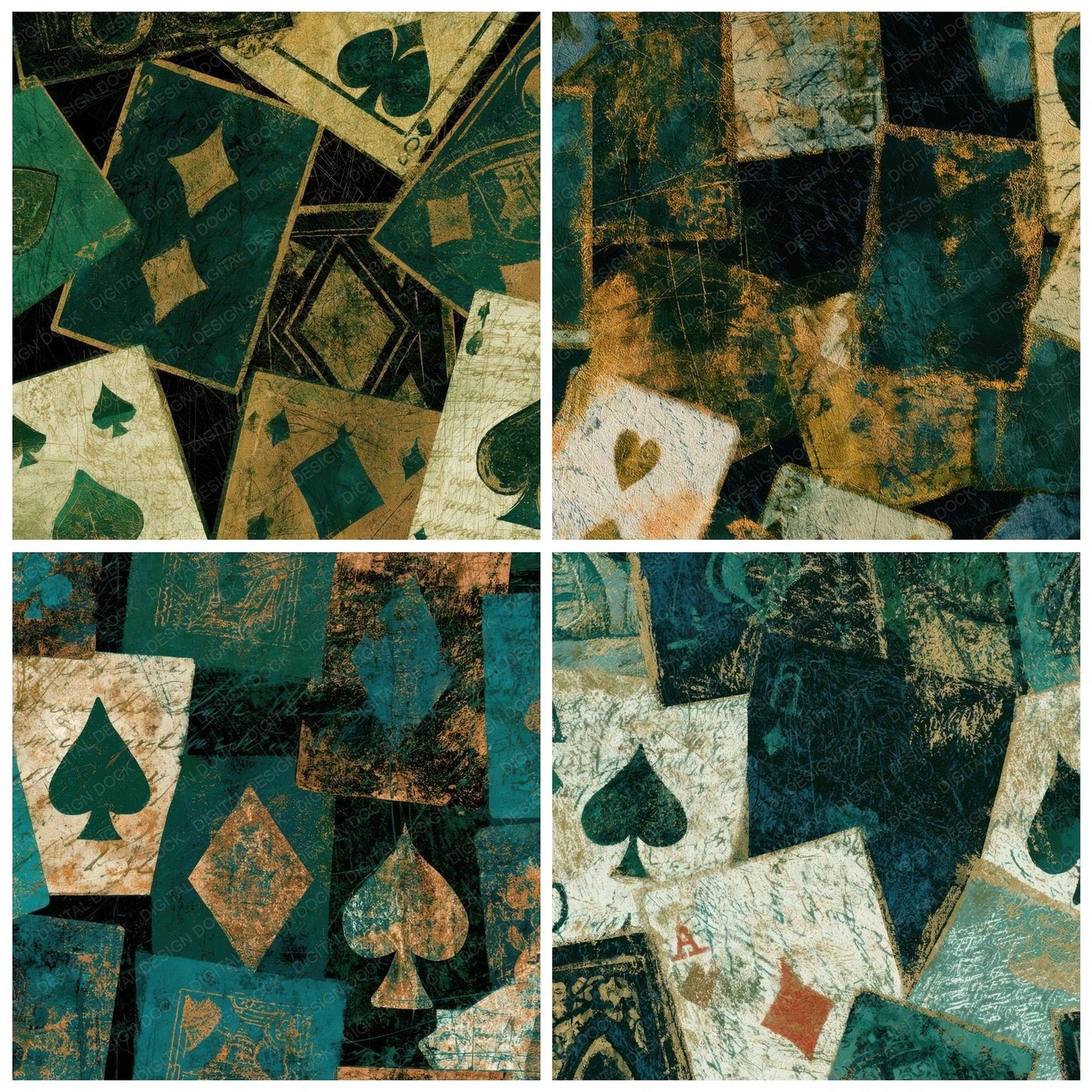 Scratchboard Playing Cards Emerald Jade Digital Paper Pack (DDD013061)