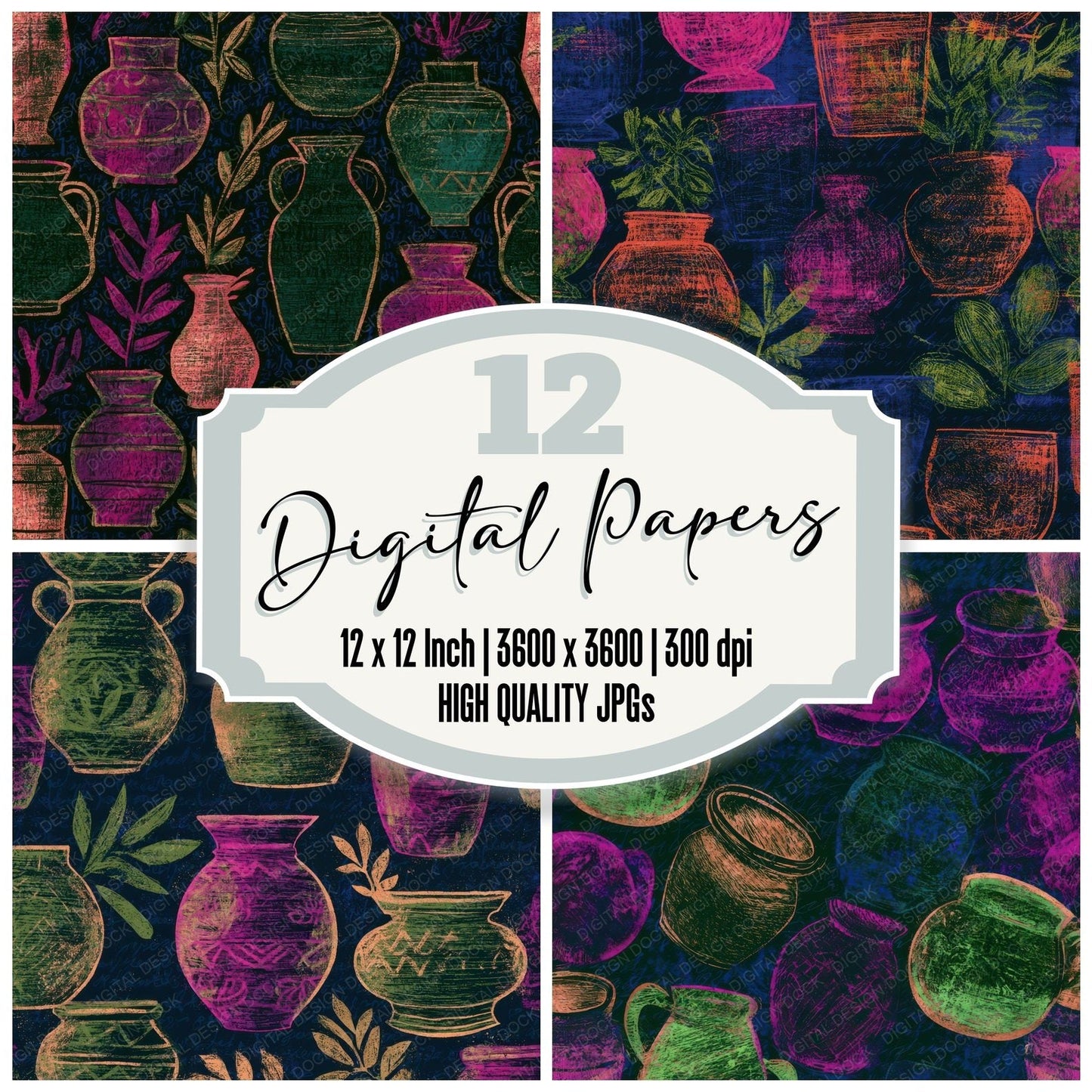 Folk Art Terracotta Pots Neon Magenta Digital Paper Pack (DDD013069)