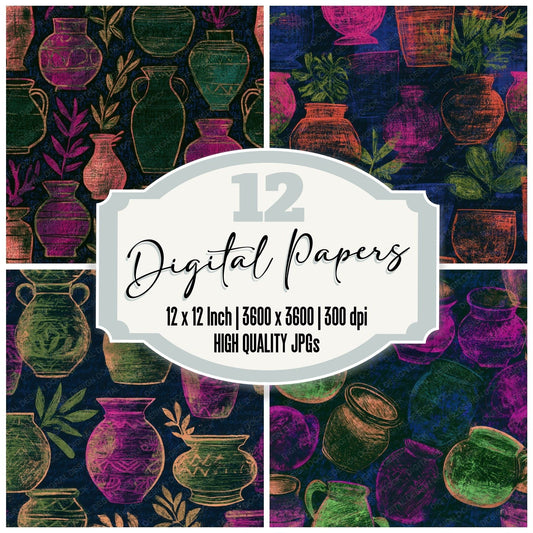 Folk Art Terracotta Pots Neon Magenta Digital Paper Pack (DDD013069)